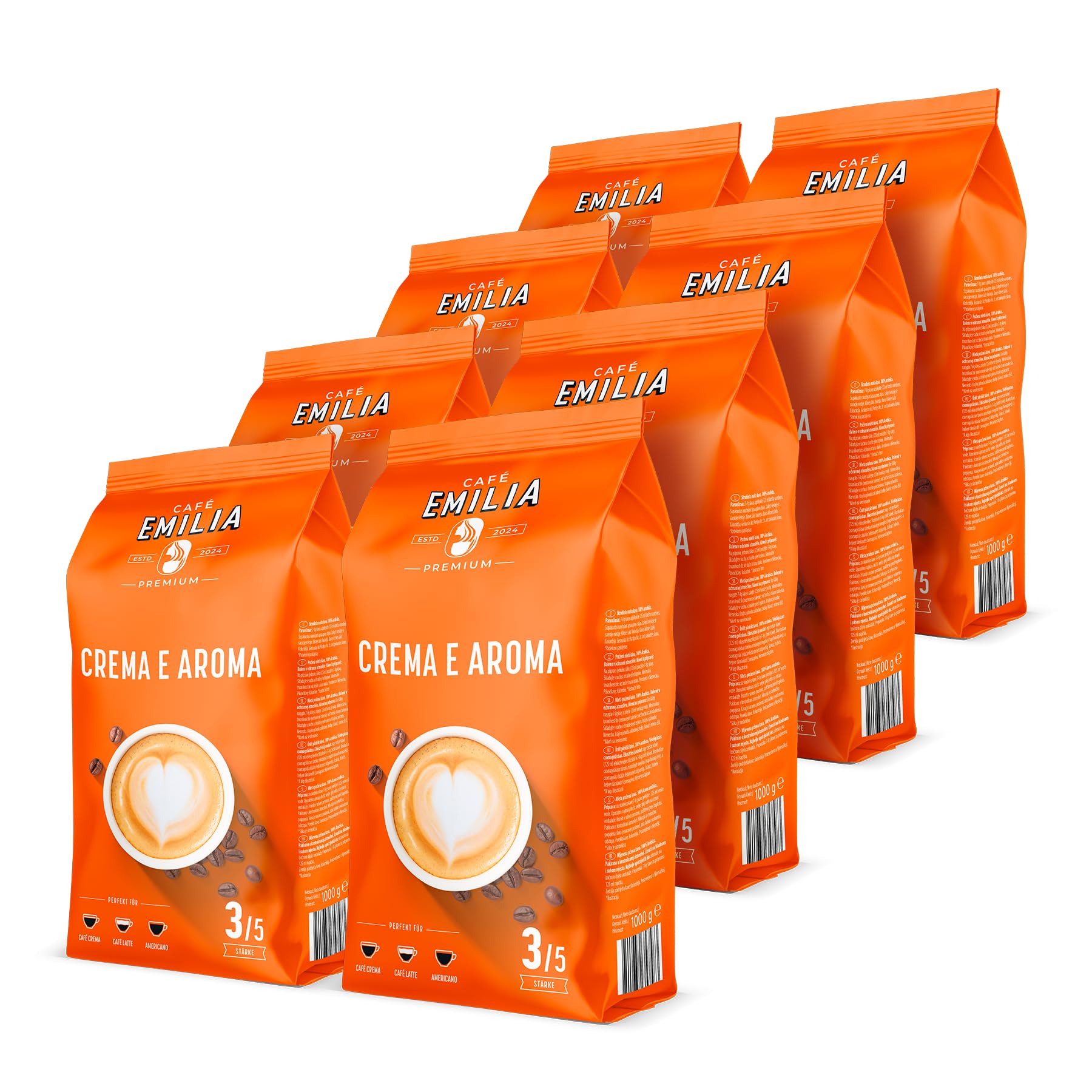 EMILIA Crema e Aroma Kaffeebohnen, 8x1 kg – Premium Kaffee Ganze Bohnen – Mittlere Röstung (Stärke 3/5) – Kaffeevollautomat & French Press – Erstklassig als Café Crema, Latte & Americano