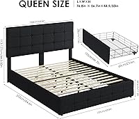 Vista 2 de Moderna base de cama tapizada con 4 cajones de almacenamiento, cama de plataforma con cabecera capitonada con botones ajustables, soporte de Negro