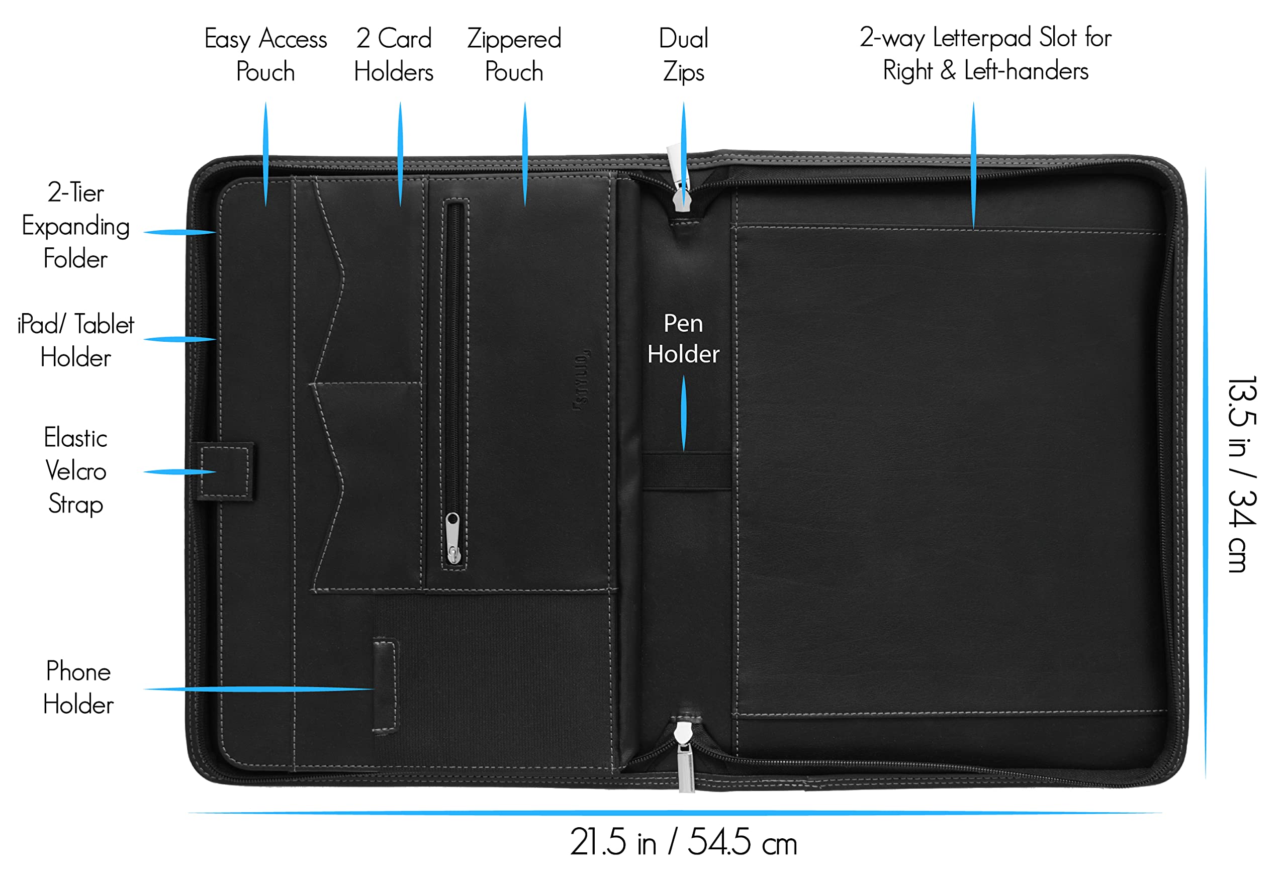 Adjustable Smartphone/Tablet Stand Premium Portfolio Binder Organizer Black Vegan PU Leather