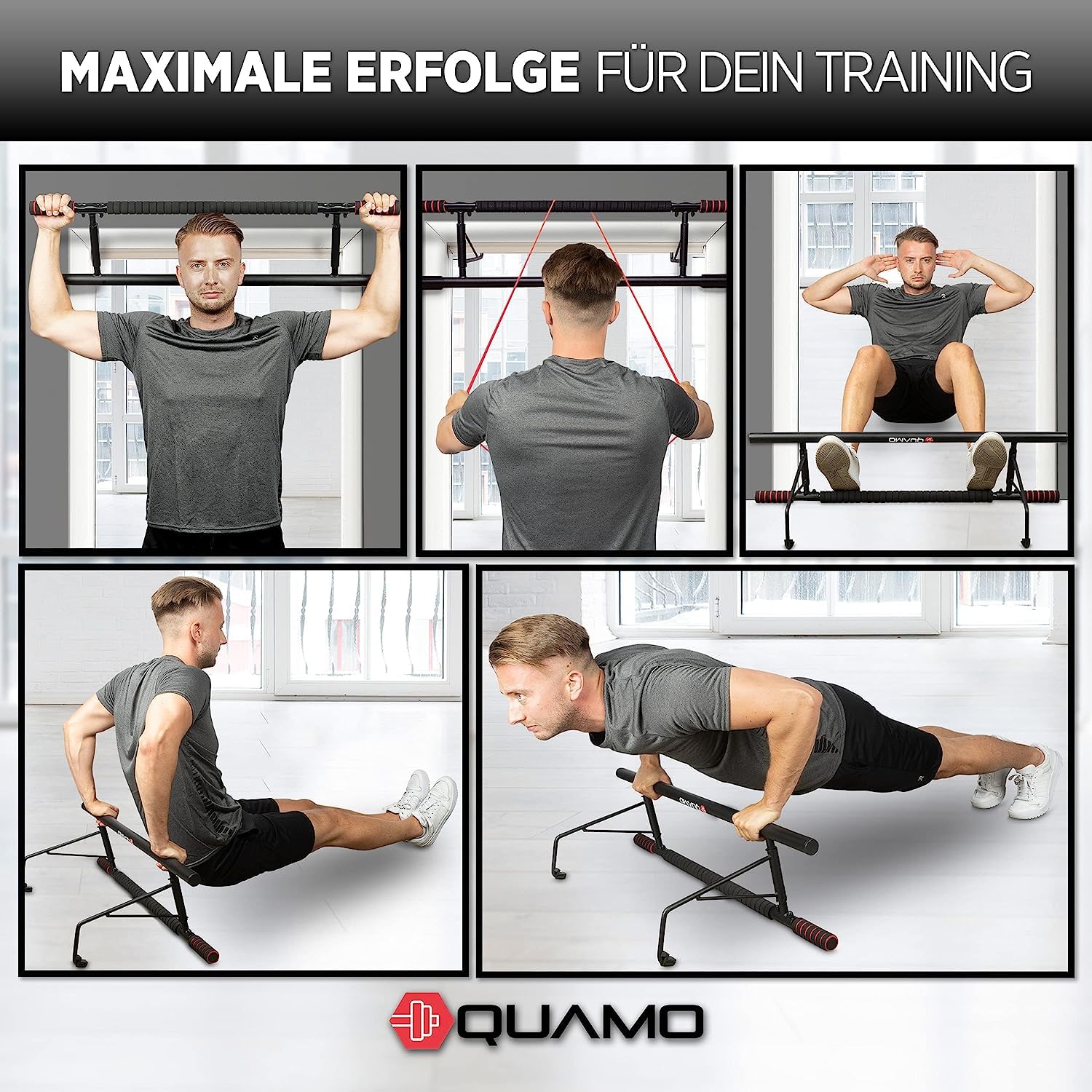QUAMO BY LAVUR Klimmzugstange für Türrahmen | Stark & rutschfest | Einfache Montage ohne Schrauben | Ideales Home-Workout Equipment inkl. Widerstandsband