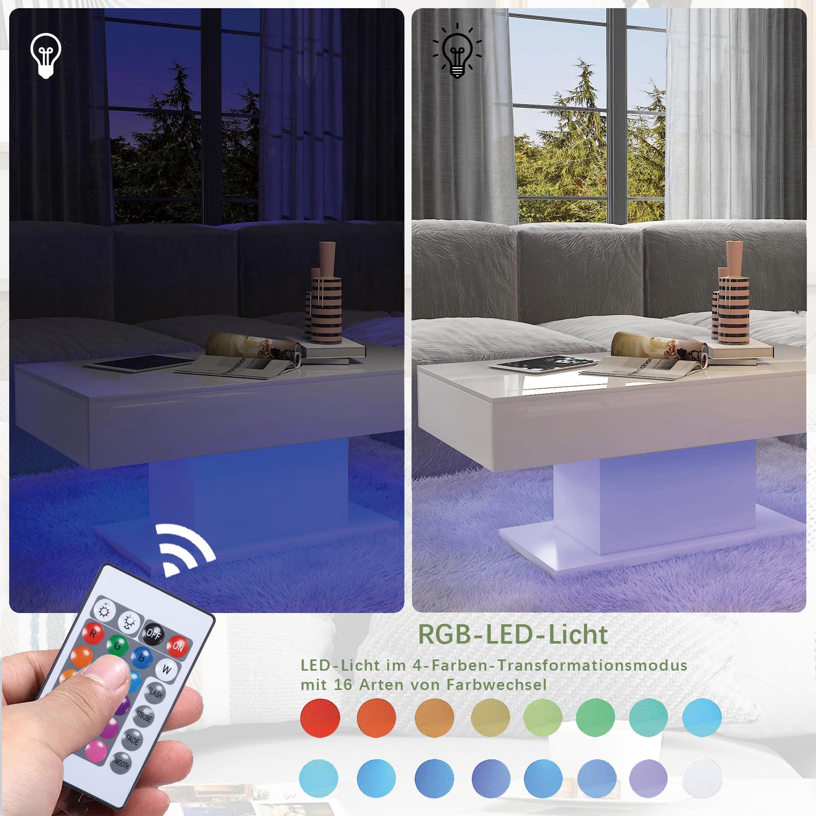 KEEPREAPER Couchtisch Wohnzimmertisch Hochglanz, Sofatisch mit LED Beleuchtung modern für Wohnzimmer, 110 x 55 x 50 cm (Weiß)