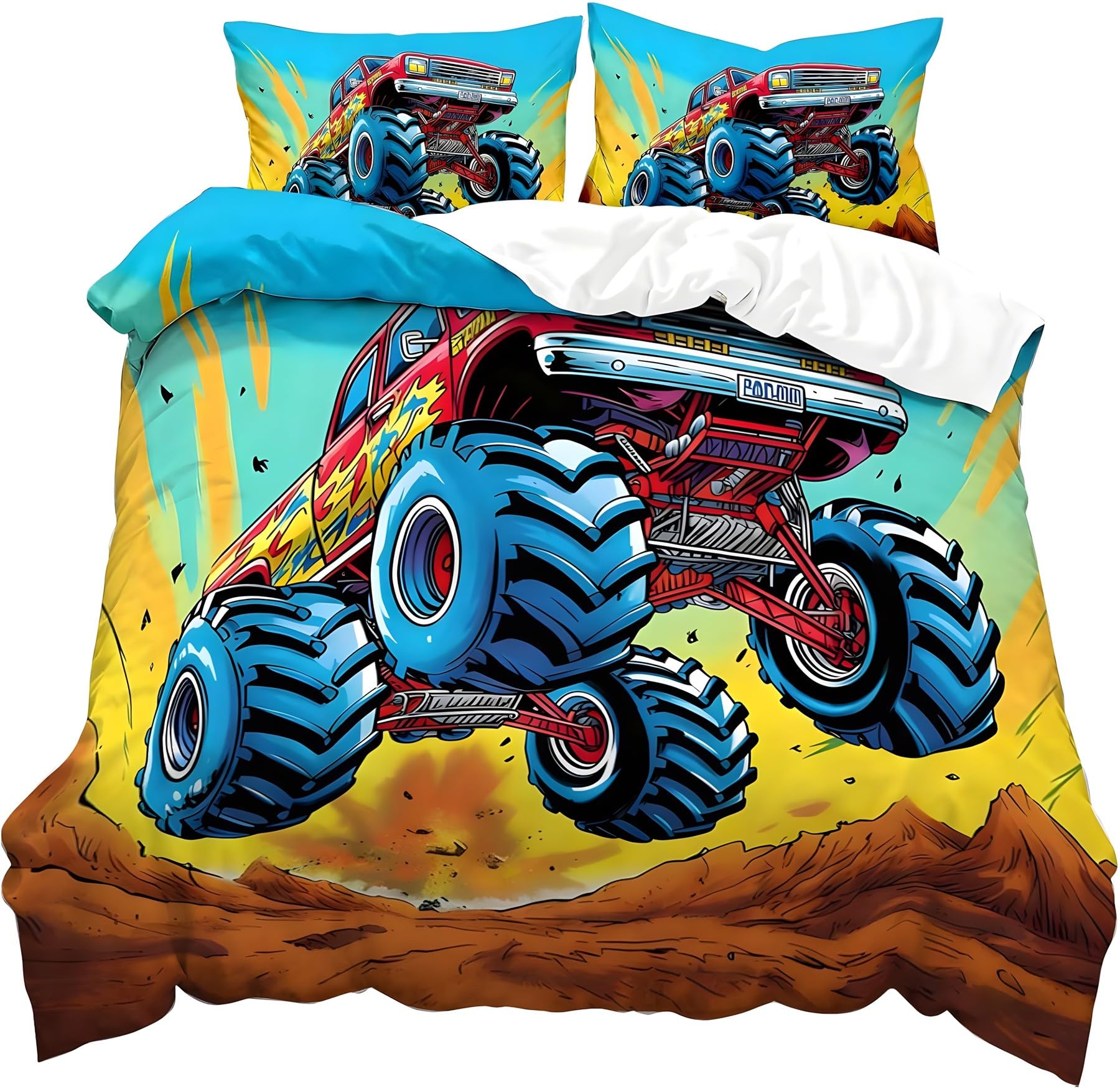 Housse de Couette 140x200 Monster Truck Jaune et Bleu avec 2 Taies d'Oreiller pour Enfant QF423
