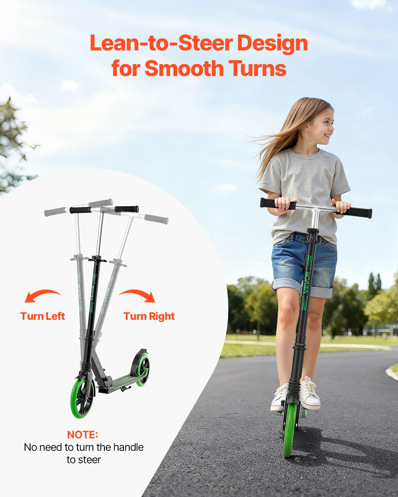 VEVOR Monopattini a Spinta, Monopattino con Freno a Pedale a 2 Ruote con Manubrio Regolabile Pedana Antiscivolo, Pieghevole e Leggero Fino a ca. 99,7 kg per Adolescenti e Adulti, Verde Nero