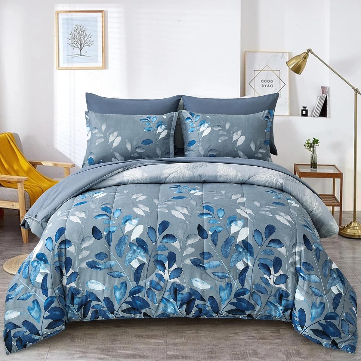 Anibedding Blue Comforter Set California King Size 7 Piece | Navy Botanical Gradient Leaves, Ultra Soft Lightweight, Reversible Microfiber, All Season