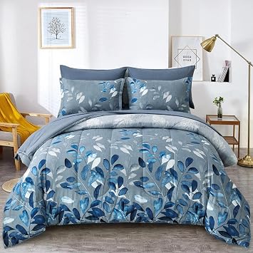 Anibedding Blue Floral Queen Comforter Set, Navy Gradient Leaves, 90" x 90" | 7 Piece, Reversible, Ultra Soft Microfiber, All Season