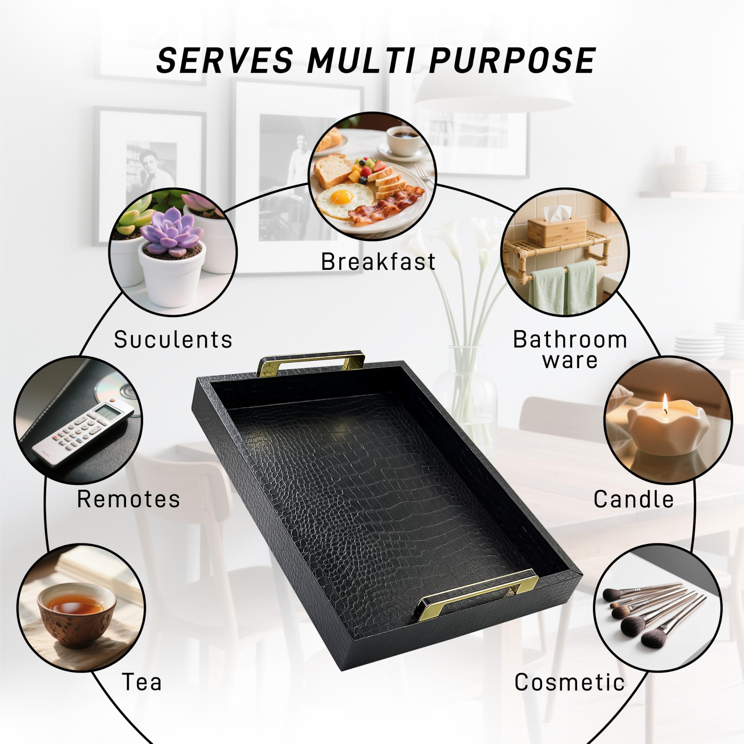 Bandeja de servir negra con asas, bandeja decorativa grande de piel sintética de cocodrilo, mesa de café, bandejas rectangulares otomanas para decoración del hogar, para todas las