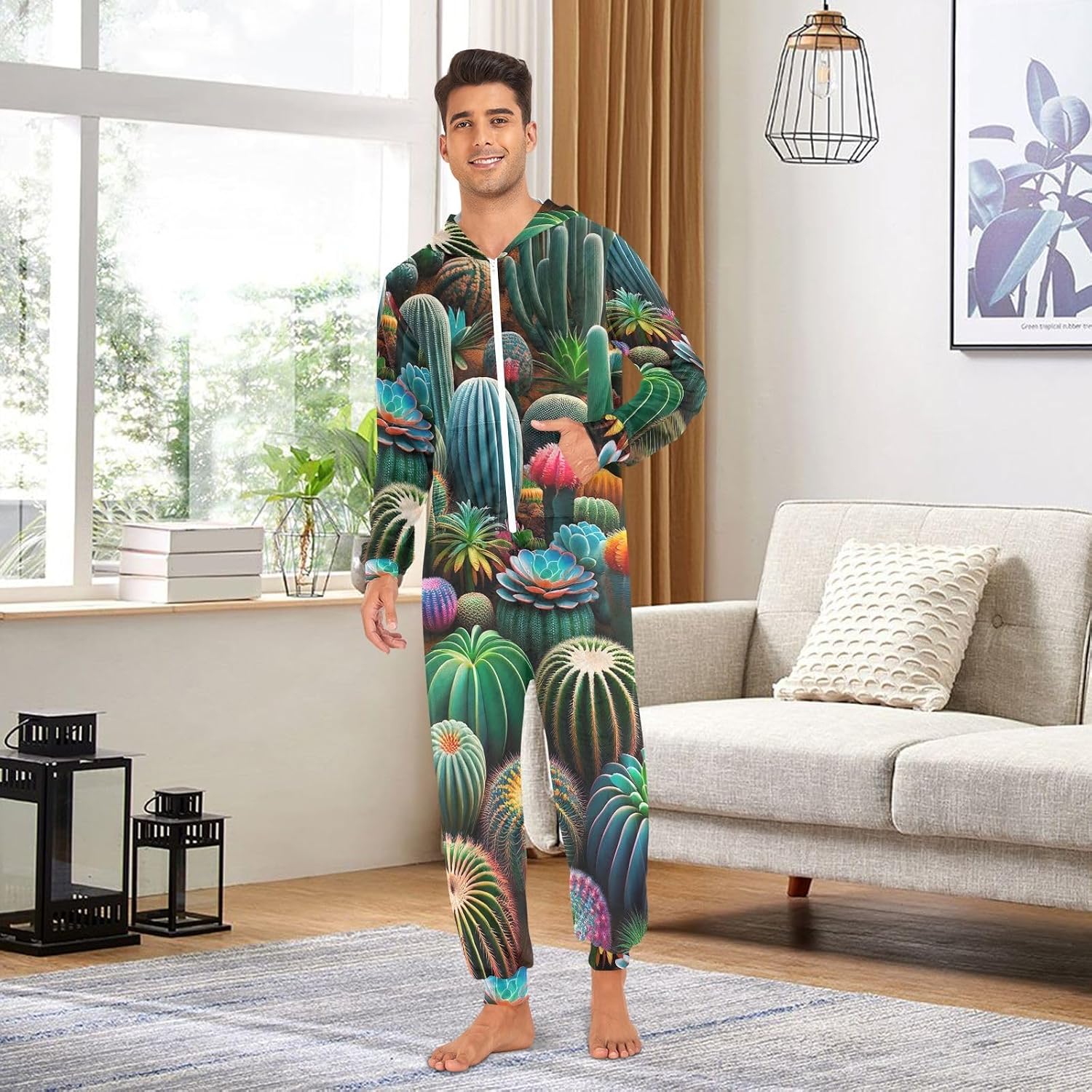 GAIREG Colorful Succulents Cactus Adult Onesie Pajamas, Soft Warm Hooded One Piece Loungewear for Men Women