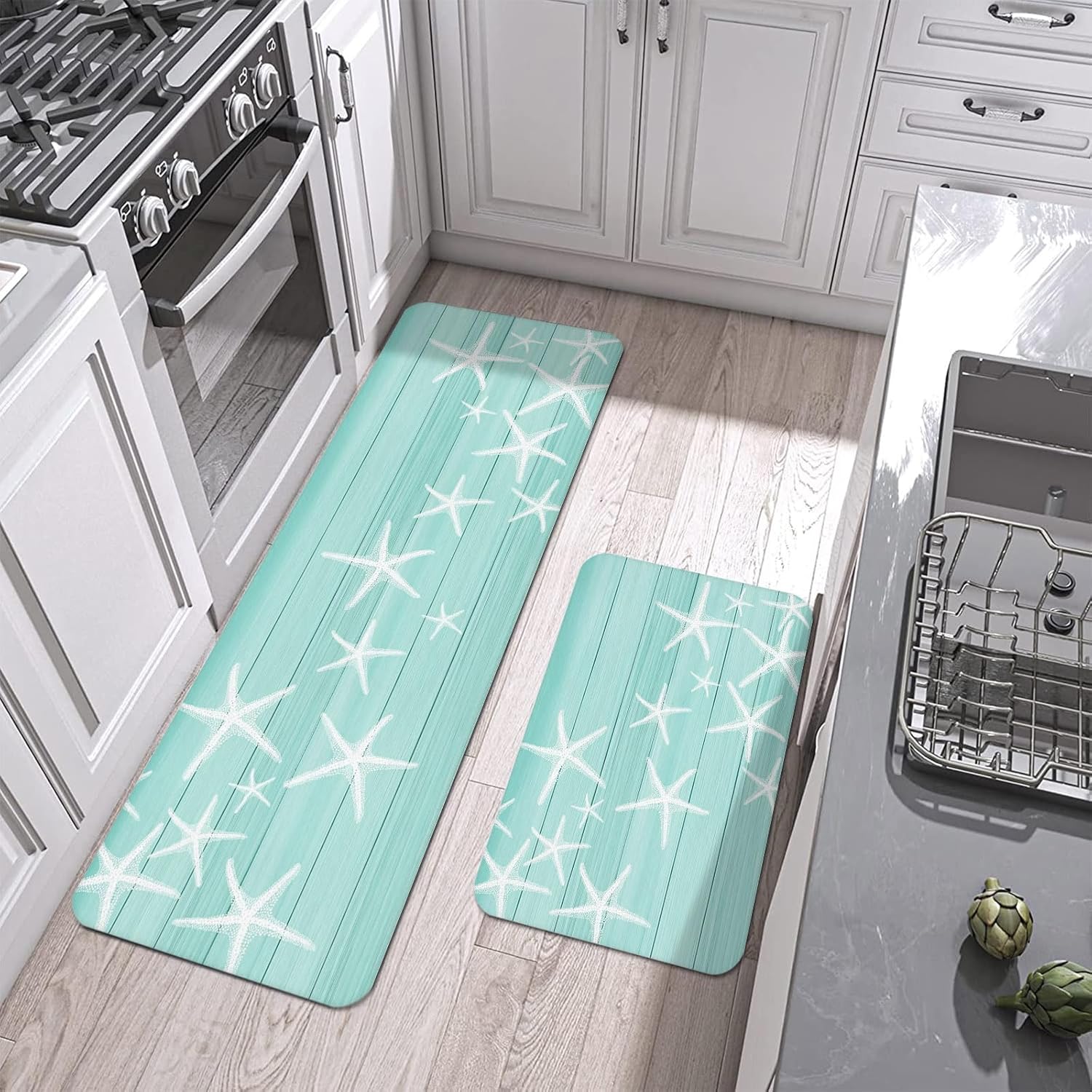 Aqua Coastal Starfish Kitchen Mats Set of 2 Summer Beach Nautical Ocean Wood Striped Non Slip Mat Washable Floor Rug for Kitchen Sink Floor Laundry, 19.7"x31.5"+19.7"x63"