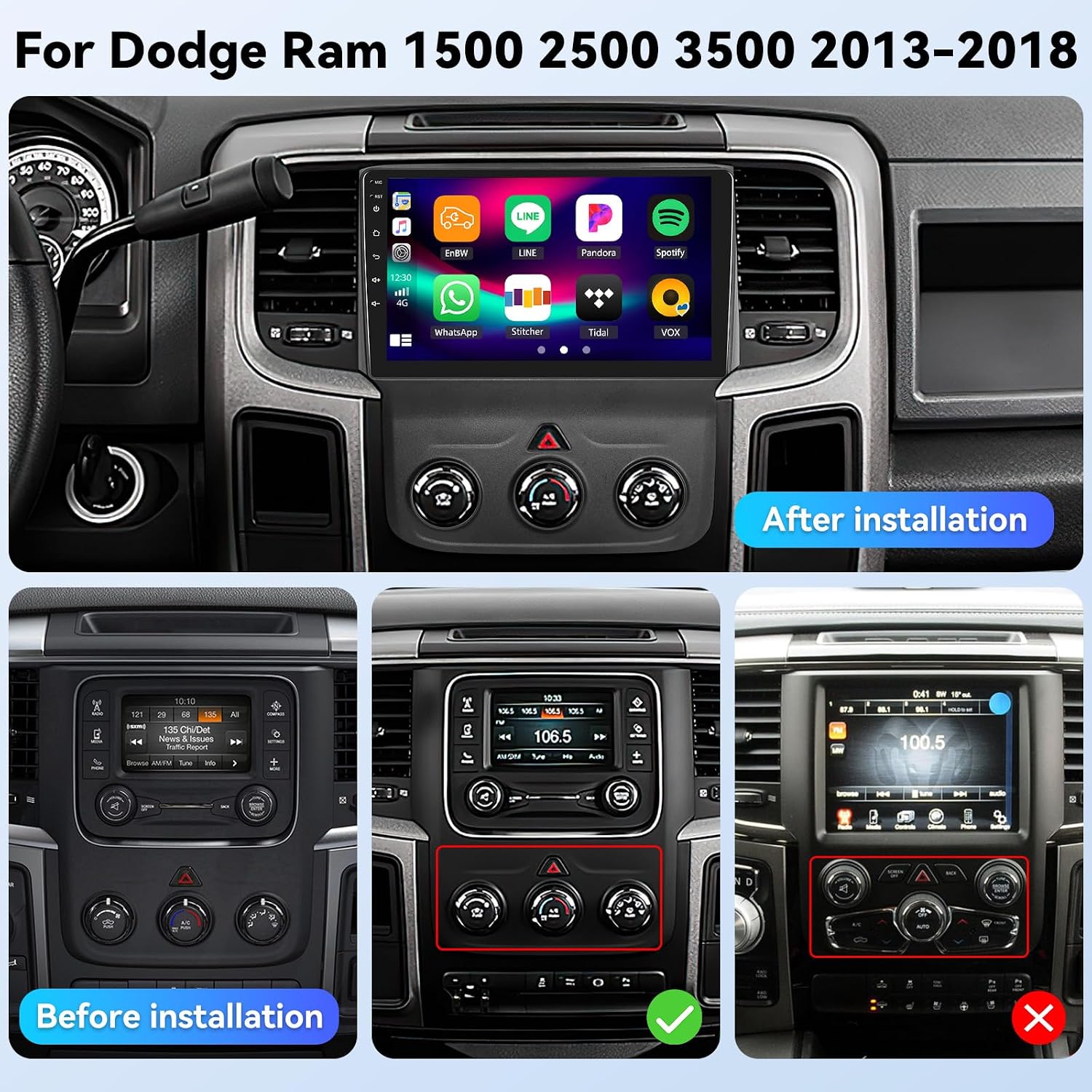 4G+64G Car Stereo for Dodge Ram 1500 2500 3500 2013-2019 with Wireless CarPlay Android Auto,9" Touchscreen Android 15 Car Radio Player with Mirror Link,WiFi/GPS Backup Camera,Bluetooth,FM/RDS,DSP,SWC