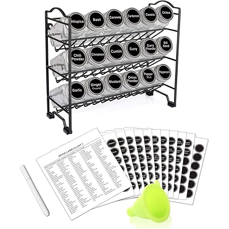 SWOMMOLY Spice Rack Organizer with 18 Empty Square Spice Jars, 396 Spice Labels with Chalk Marker and Funnel Complete Set, for Countertop, Cabinet or Wall Mount