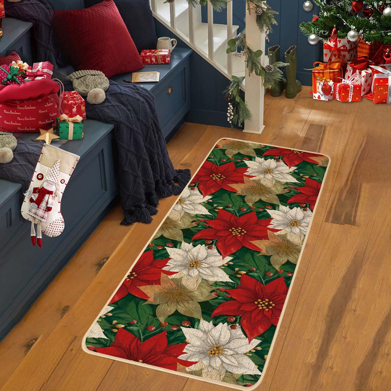 Baccessor Christmas Doormat Rug 17x47 Inch, Poinsettia Holly Non Slip Door Mat for Floor Hallway Laundry Sink Low-Profile Extra Long Rug for Winter Holiday Home Decor