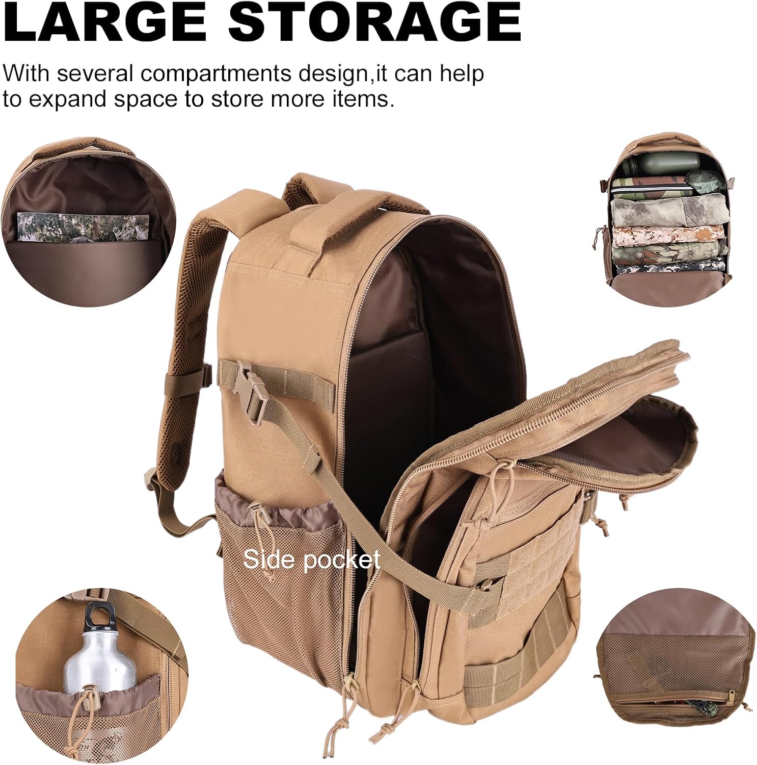 Tactical Hiking Backpack with 180° Open Design, Molle Webbing, Padded Laptop Compartment, Lightweight for Outdoor Adventures (tan) - Image 6
