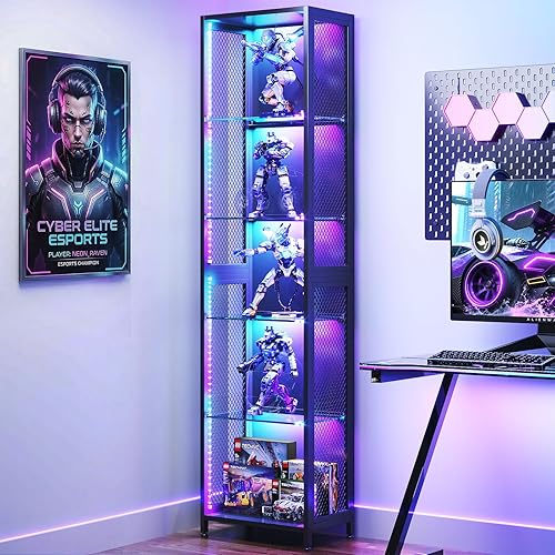 AODK 72" Tall Display Case with LED Lights, Corner Display Cabinet with Open Glass Shelves, 5-Tier Display Shelf with Industrial Mesh Sides, Curio Cabinet Shelf for Collectibles