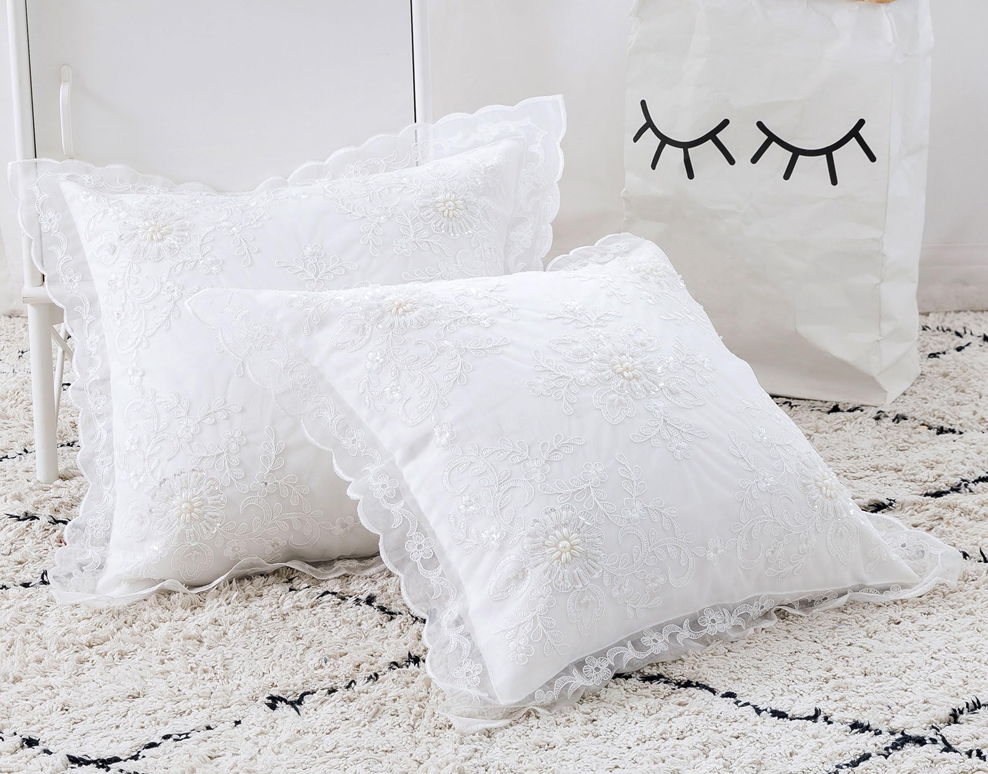 Throw Pillow Covers Shabby and Elegant White Lace Handmade Beaded Throw Pillow Cases Embroidered Decorative Cushion Cases for Couch Sofa Bed Floral Decor 2 Pack,16x16 Inch