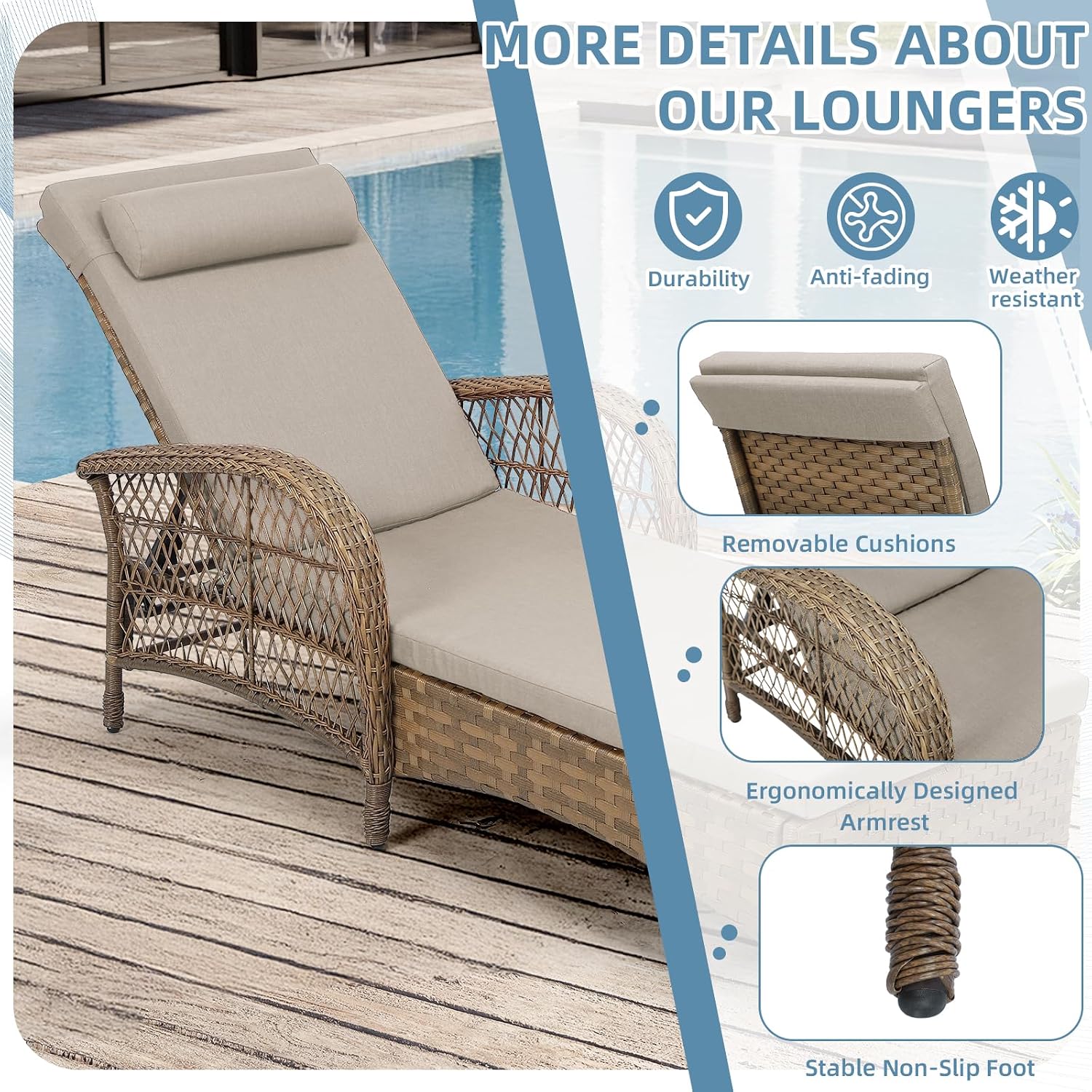 Outdoor Chaise Lounge Chair, PE Wicker Long Recliner Patio Lounge Chair with Cushion, 6-Position Patio Reclining Sun Lounger with Adjustable Backrest for Poolside, Armrest & Pillow, Beige