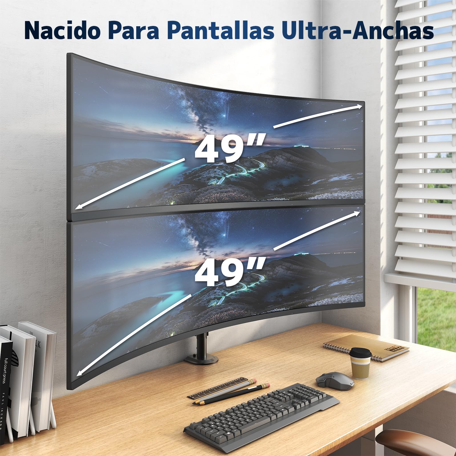 Soporte Monitor para 2 Pantallas 17-49 Pulgadas – Brazo Doble Ajustable en Altura, VESA 75x75 / 100x100, Inclinable, Giratorio, Ahorra Espacio, Negro