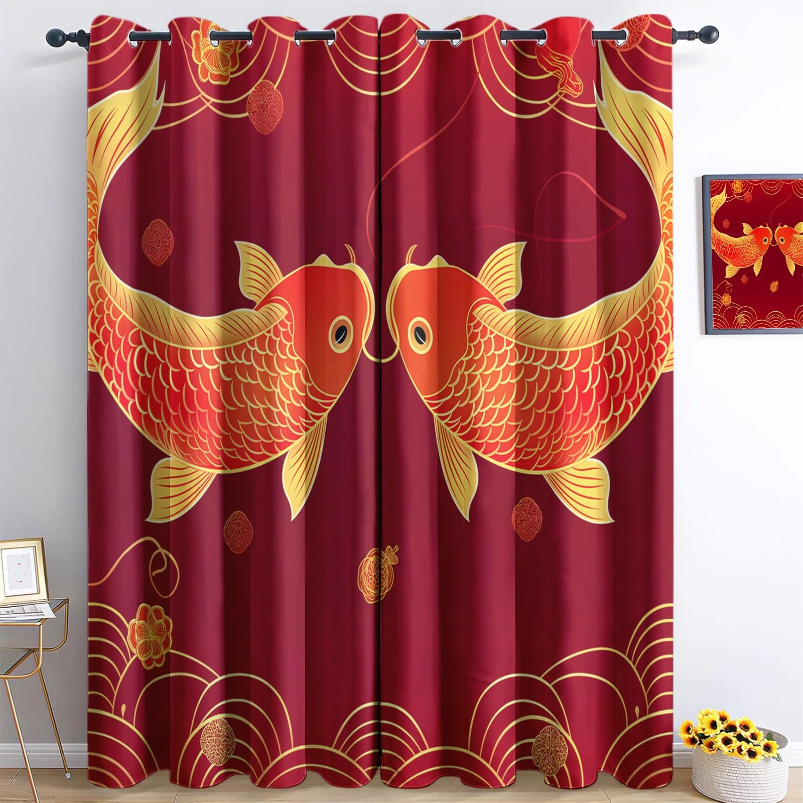 Tende Oscuranti per Interni 2 Pezzi 140x260 cm (LxA), Chinese Style New Year Fish Red Tenda Coprente per Soggiorno, Termiche Isolanti Tendaggi per Interno con Anelli Finestra per Salotto