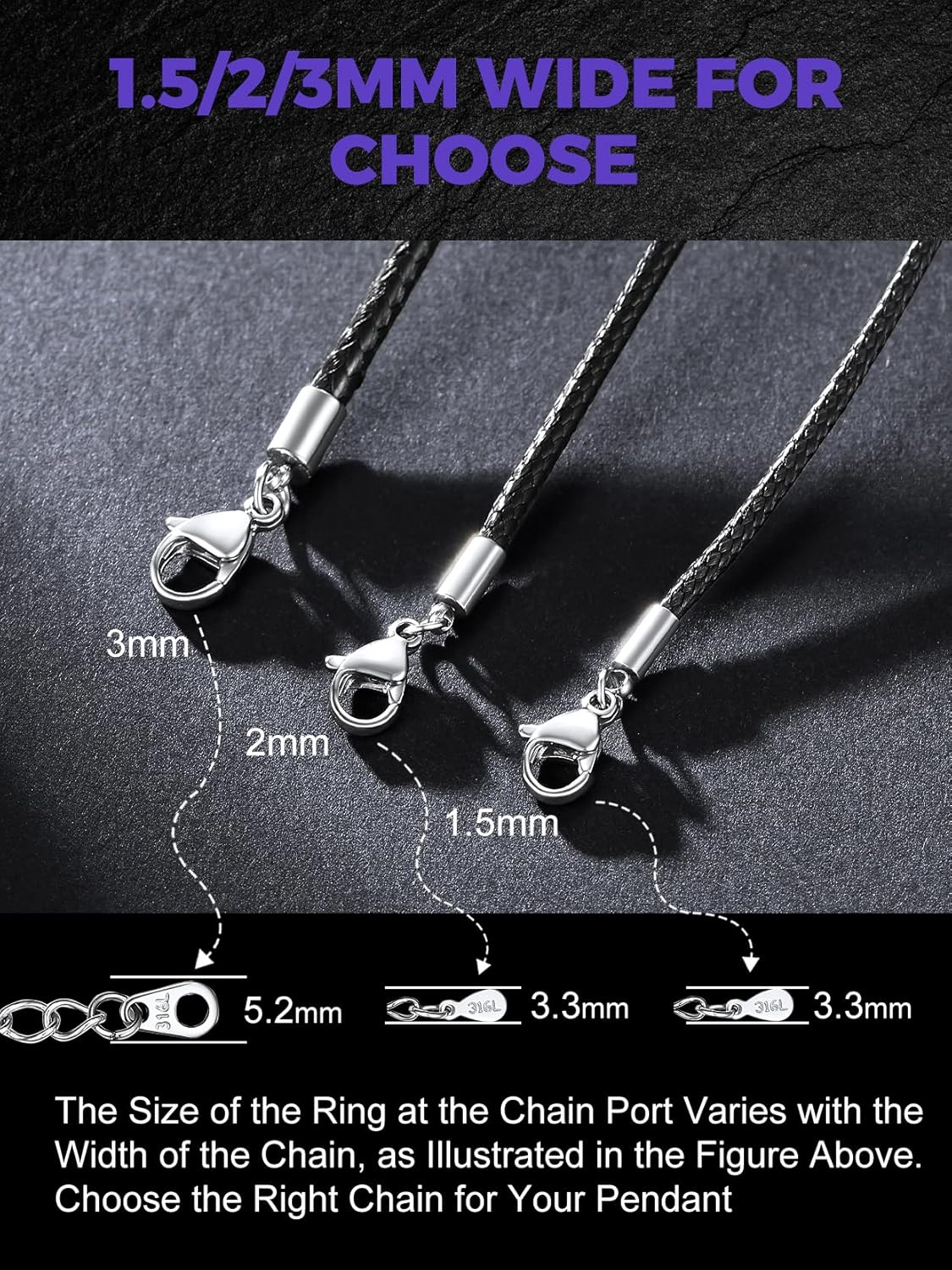 Richsteel Black Braided Leather 1.5/2/3MM Necklace Cord for Men with Stainless Steel Lobster Clasp & 2 Inch Extender, Waterproof Woven Wax Rope Chain for Pendant with Gift Box - Image 5