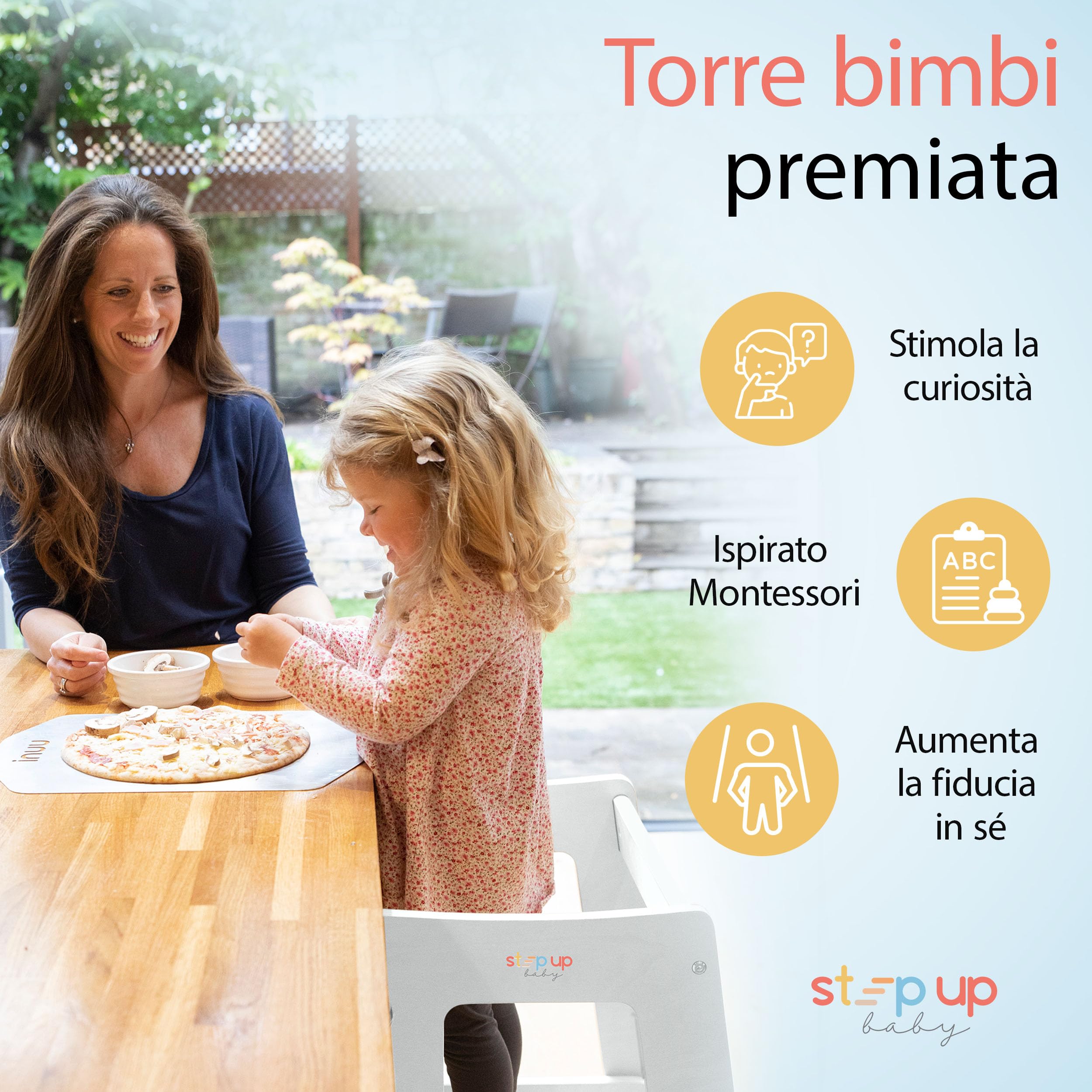 Stepup Baby Torre Montessoriana 3 Altezze Regolabili Torre di Apprendimento Ringhiera Sicurezza Bianco