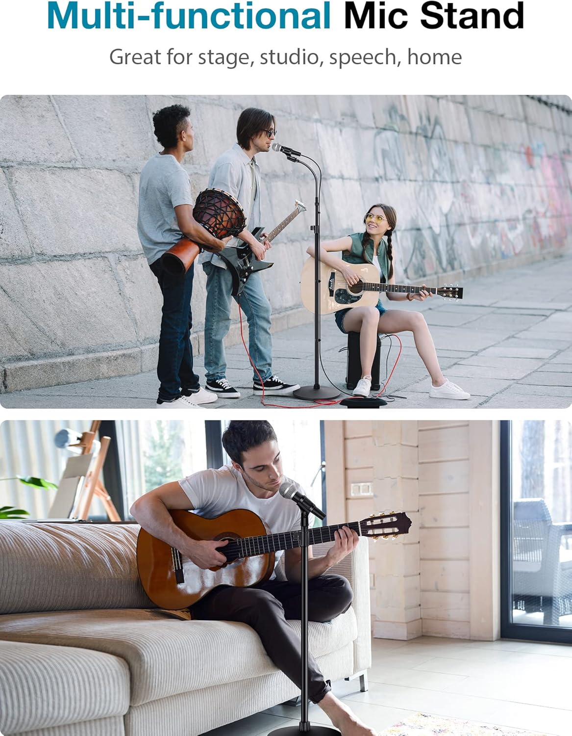 Multiple people using InnoGear mic stands in different settings