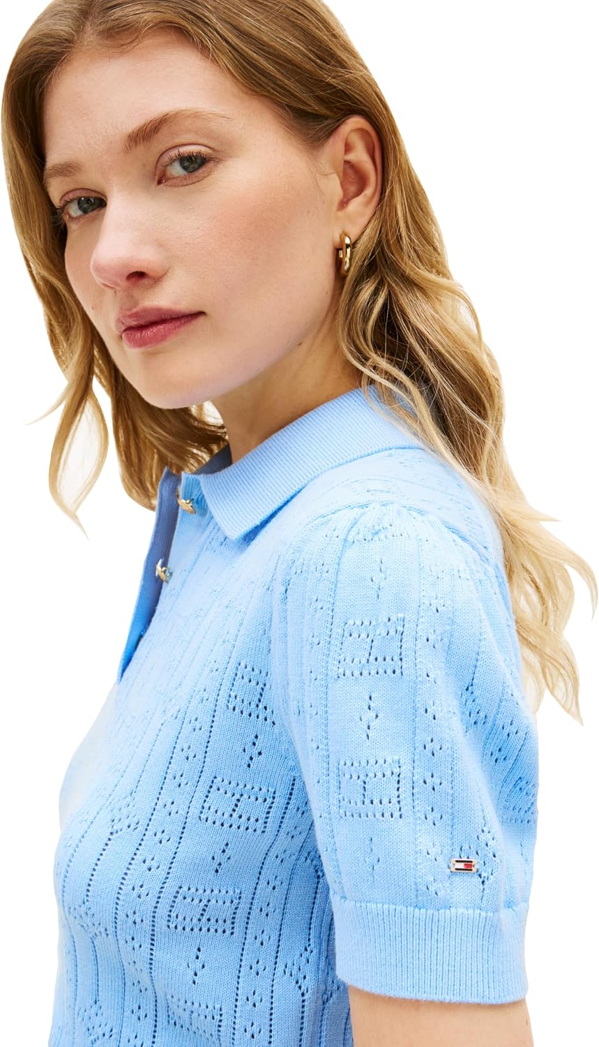 Tommy Hilfiger Women's Short Sleeve Cotton Polo Sweater Pointelle Knit Cropped Polo Shirt with Puff Sleeve