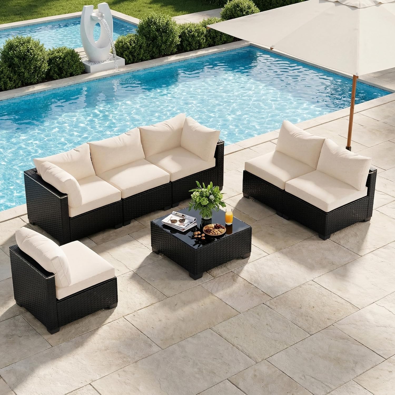 Patio Furniture Set 7 Pieces Conversation Set Wicker Outdoor Sectional Sofa,Ergonomic Armrests Couch with Cushion and Glass Table (Black-White, 7 Piece-Single)