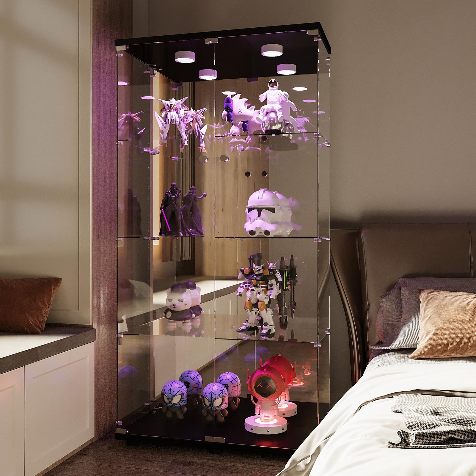Vitrina de cristal, Vitrina expositora cristal de pie con cerradura y iluminación LED, Armario vitrina para colección con 2 puertas 4 compartimentos para salón, dormitorio, oficina, Negro (Negro)