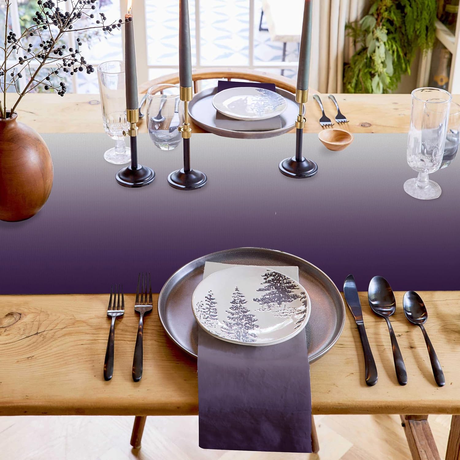 Artwork Store Purple Cotton Linen Table Runner Dresser Scarves,Ombre Purple Grey Table Runners for Dinning Table,Farmhouse Kitchen Decor,Holiday Dinner Decoration-16x72 Inch