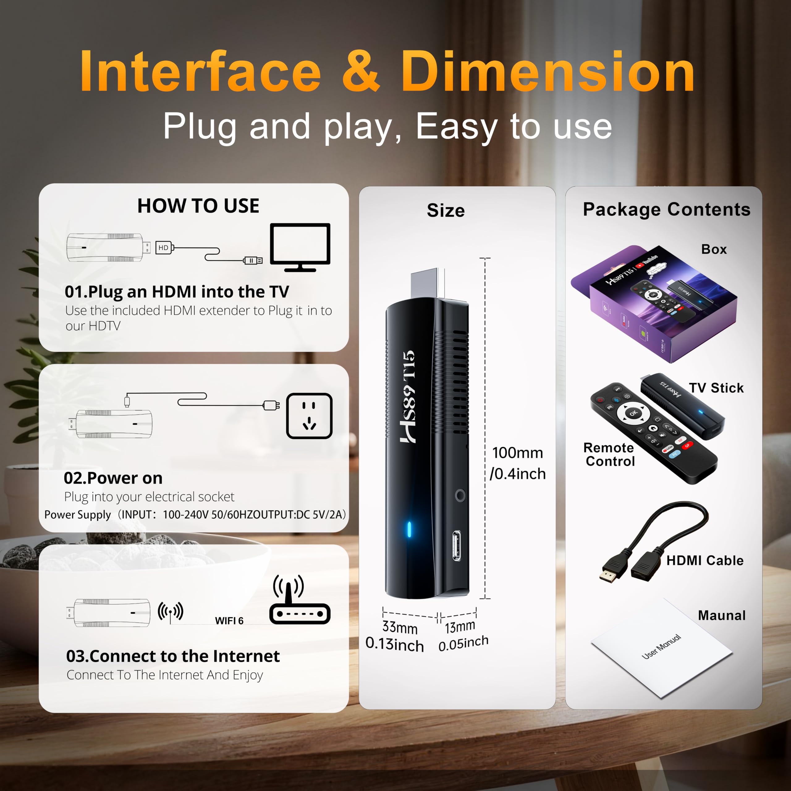 HS89 T15 Smart TV Stick Android 14 4K Ultra HD, 2GB RAM 16G ROM RK3539 WiFi 6 Bluetooth 5.4 HDR10+, TV Stick Box Android 14.0 con Assistente Telecomando Vocale, Dispositivo di Streaming Intelligente