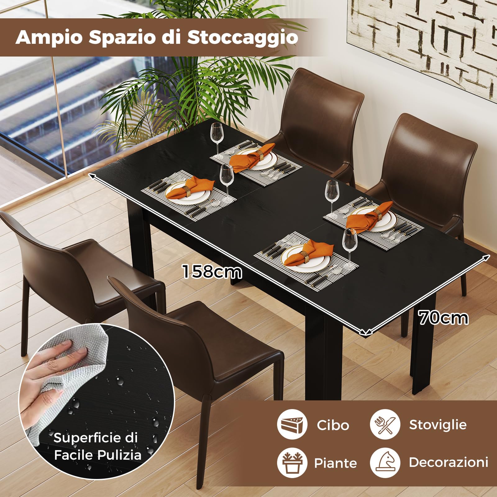 COSTWAY Tavolo Allungabile da Pranzo per 4-6 Persone, Tavolo Consolle Estensibile, Tavolo Moderno da Cucina, Soggiorno e Sala da Pranzo, 158 x 70 x 76 cm, Nero (Nero)