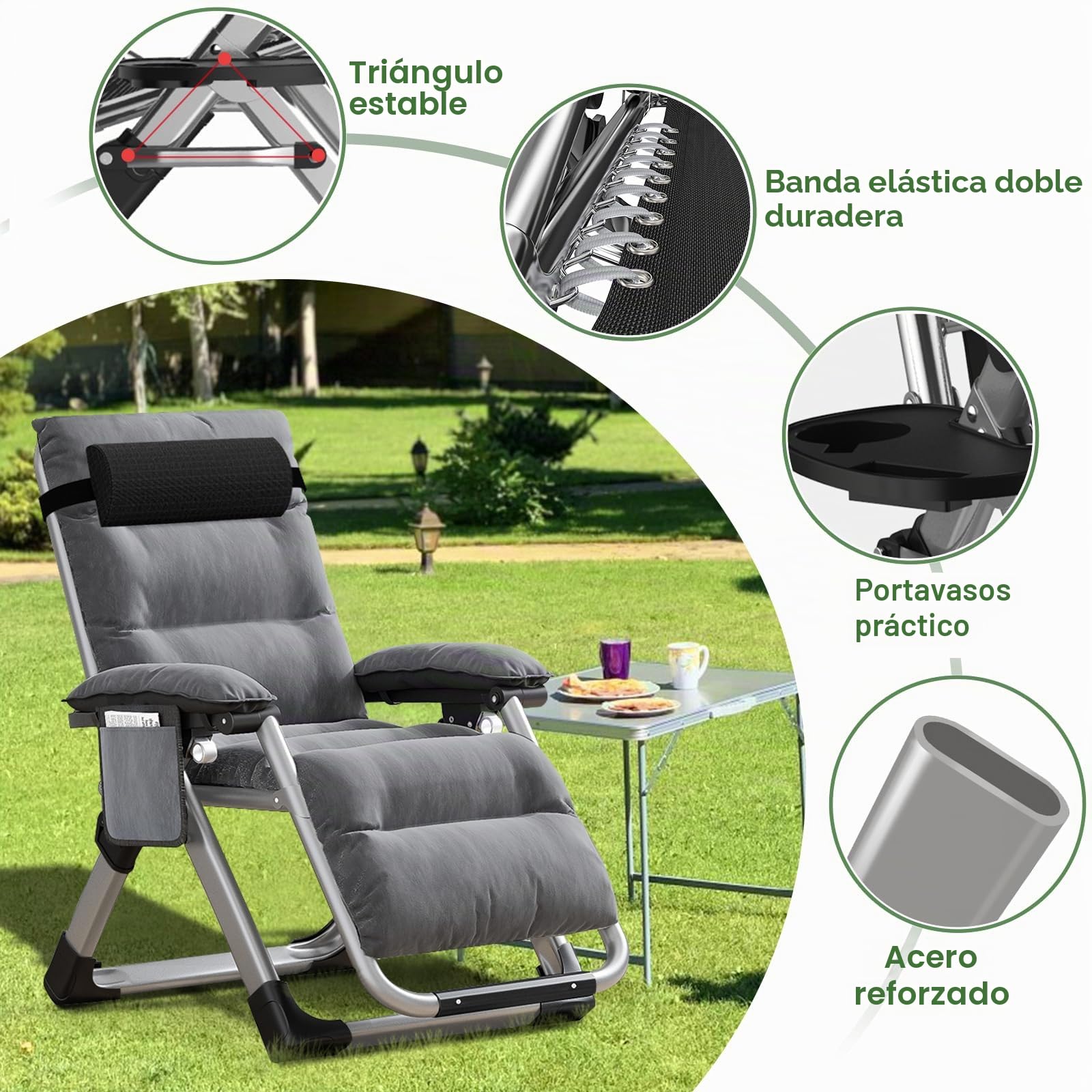 Tumbona Ryuhic para jardín, silla de gravedad cero ajustable, resistente con cojín y reposacabezas, bolsillo, soporta 200 kg, sillas reclinables plegables