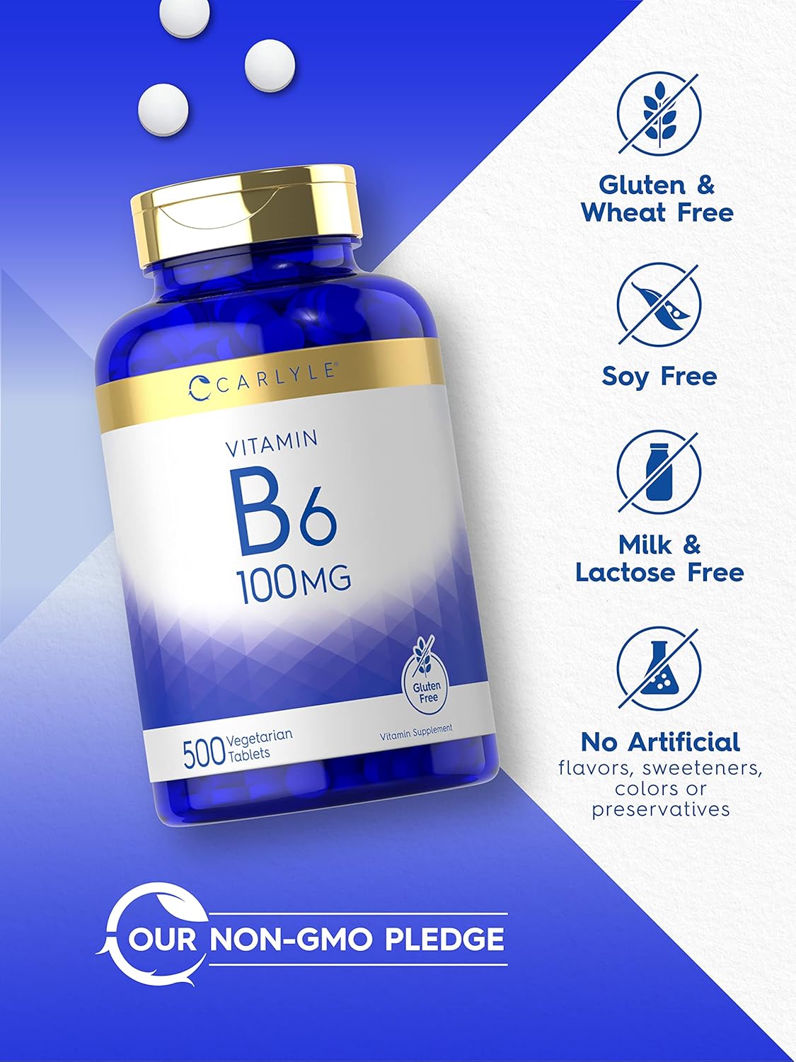 Carlyle Vitamin B6 100mg | 500 Tablets | Vegetarian, Non-GMO, Gluten Free : Health & Household