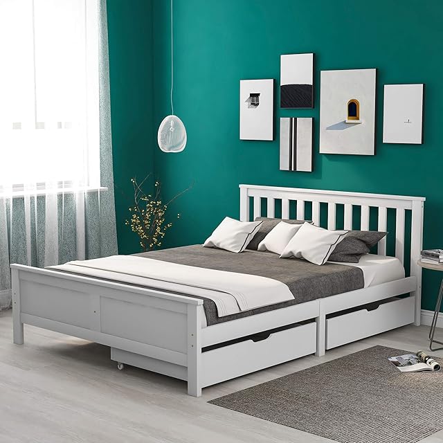 LTGB Double Bed Frame, Wooden Solid Pine Storage Bed with Drawers, Bed Furniture Frame, Suitable for Adults, Kids Teenagers , 4ft6 Double Bed, White, 196 x 146 x 82 cm