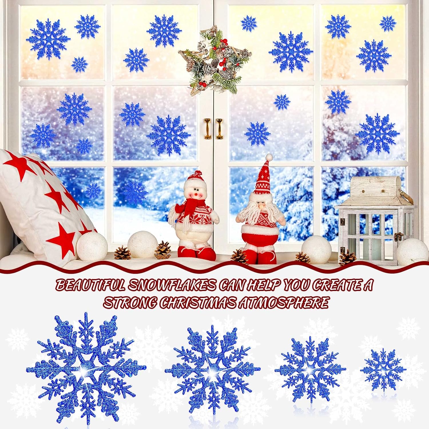 36 Pieces Plastic Christmas Glitter Snowflake Ornaments Snowflake Christmas Tree Decorations with 36 Pieces Ropes for Christmas Tree Wedding (Blue,1.96 Inch, 2.95 Inch, 3.94 Inch, 4.92 Inch)