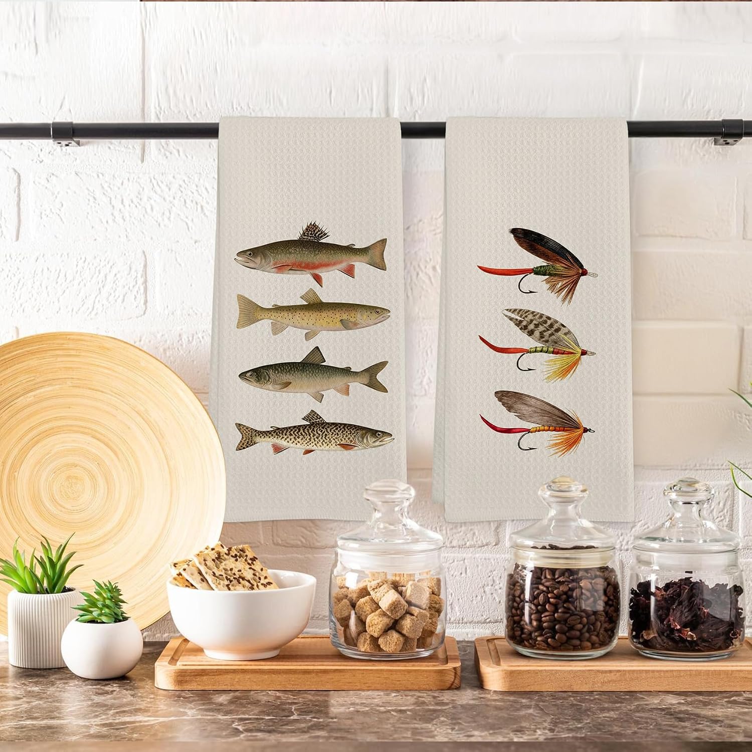 Retro Fishing Kitchen Towels Set of 2, Fish Themed Fisherman Gifts Dish Tea Towels for Kitchen, Vintage Fishing Gifts Hand Towel for Bathroom, 16x24 Inch