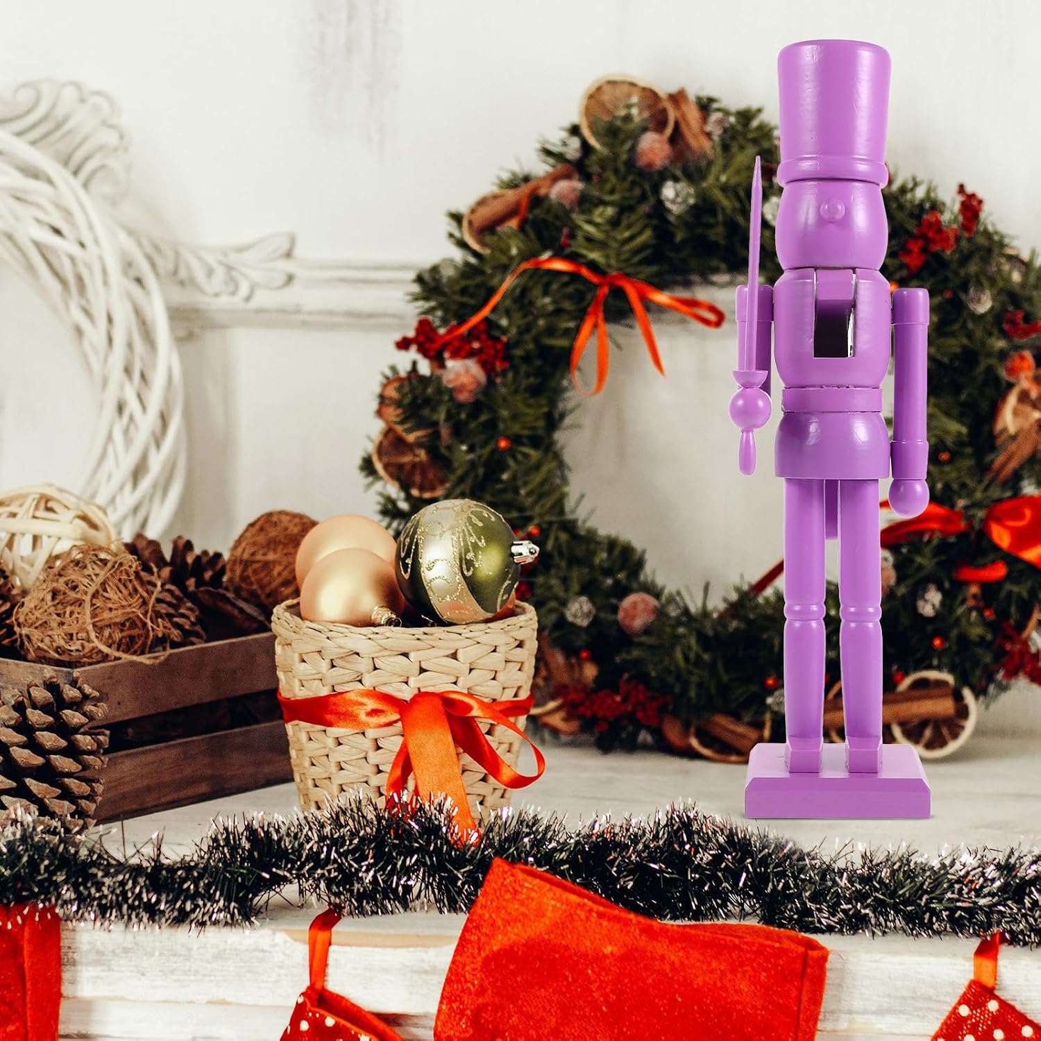 Levemolo Purple Wood Nutcrackers Decor Reusable Multi-use Classic Christmas Nutcracker Ornament for Holiday Photo Prop and Home Decorations