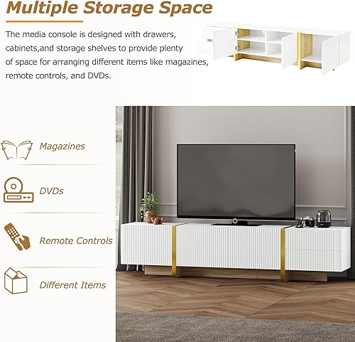 Miniatura 39 de Merax Moderno soporte de TV con patas de metal, asas doradas, líneas geométricas y estantes ajustables para televisores de hasta 80 pulgadas, mesa