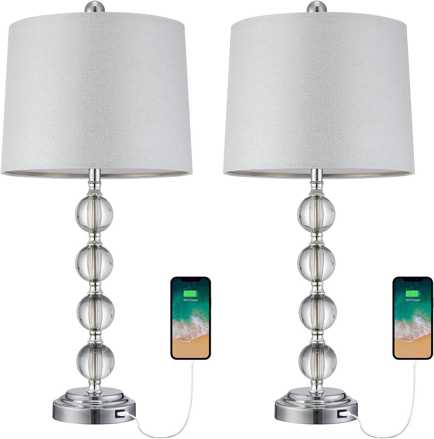 BOBOMOMO Modern Crystal USB Table Lamps Set of 2 for Living Room Nightstand Bedroom 25" Bedside Desk Lamp Silver Shade