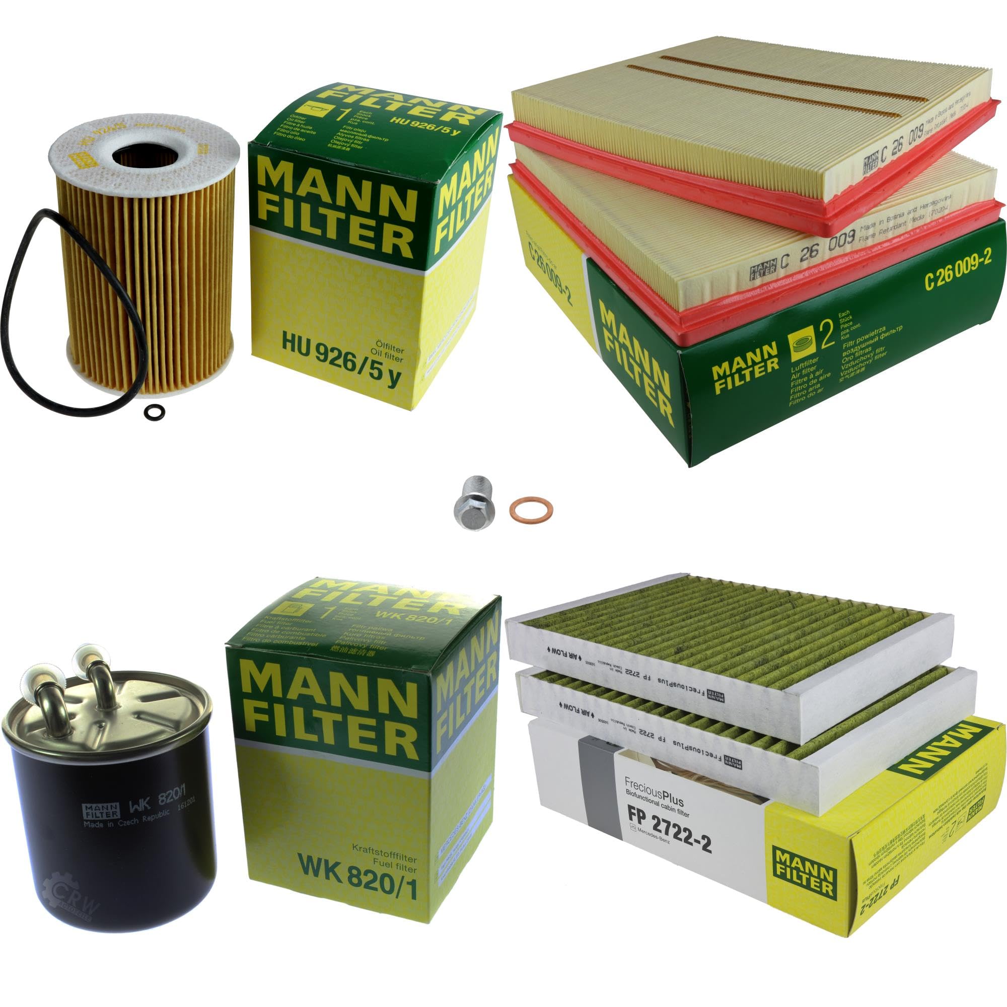 Paquete de inspección Kit de mantenimiento de filtros con filtro de aceite HU 926/5 y, filtro de aire C 26 009-2, filtro de combustible WK 820/1, filtro de habitáculo FP 2722-2, tornillo de