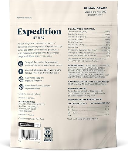 Vista 2 de Yaxa Brand - Wag Expedition Human Grade Organic Biscuits Dog Treats, Non-GMO, Sweet Potato & Flaxseed, 10oz