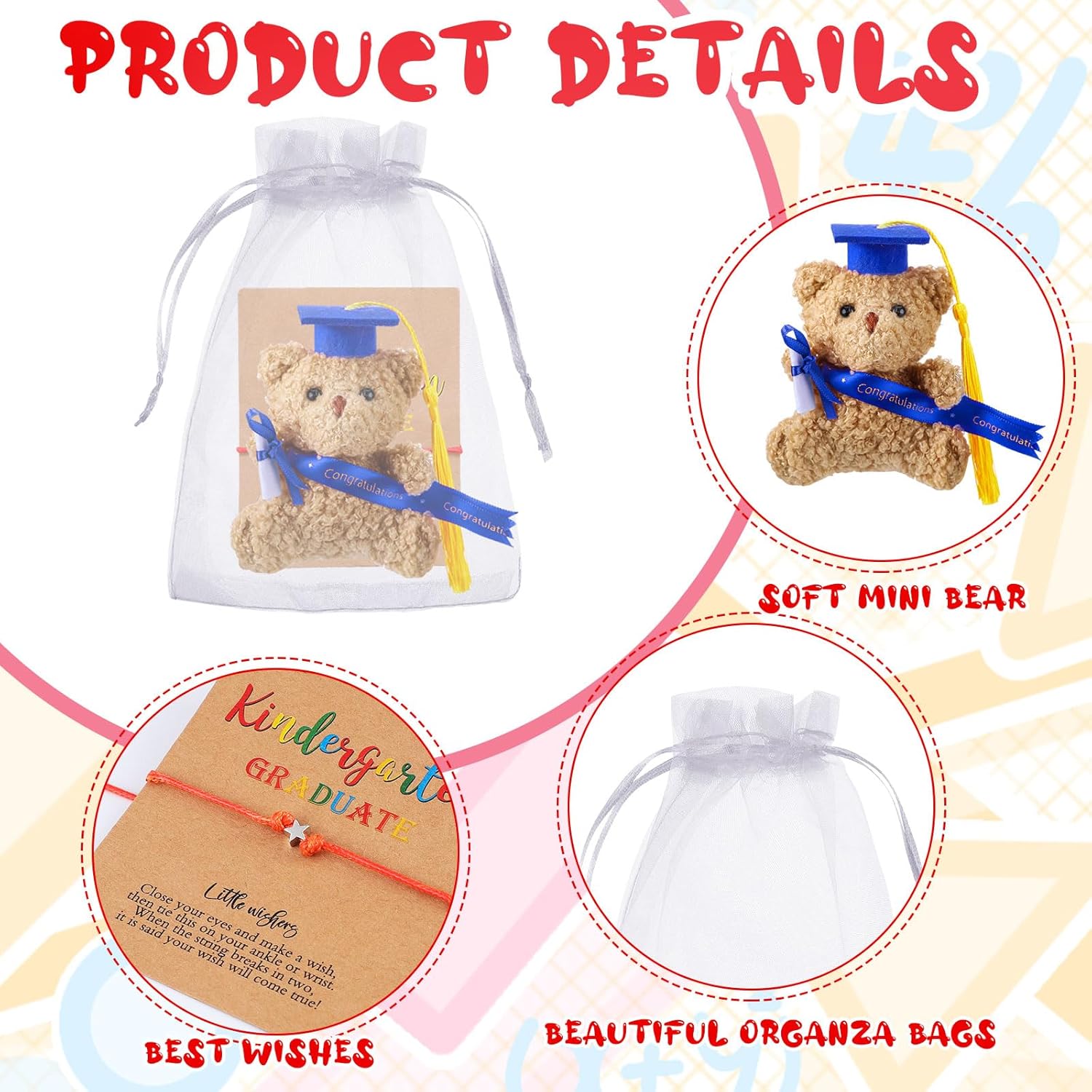 50 Pcs 2026 Kindergarten Graduation Bear Bulk Set with 25 Graduation Gift Mini Stuffed Bears 25 Wish Bracelet Organza Bag Card for Kid Child Kindergarten Class of 2026 Party Favors(Blue)