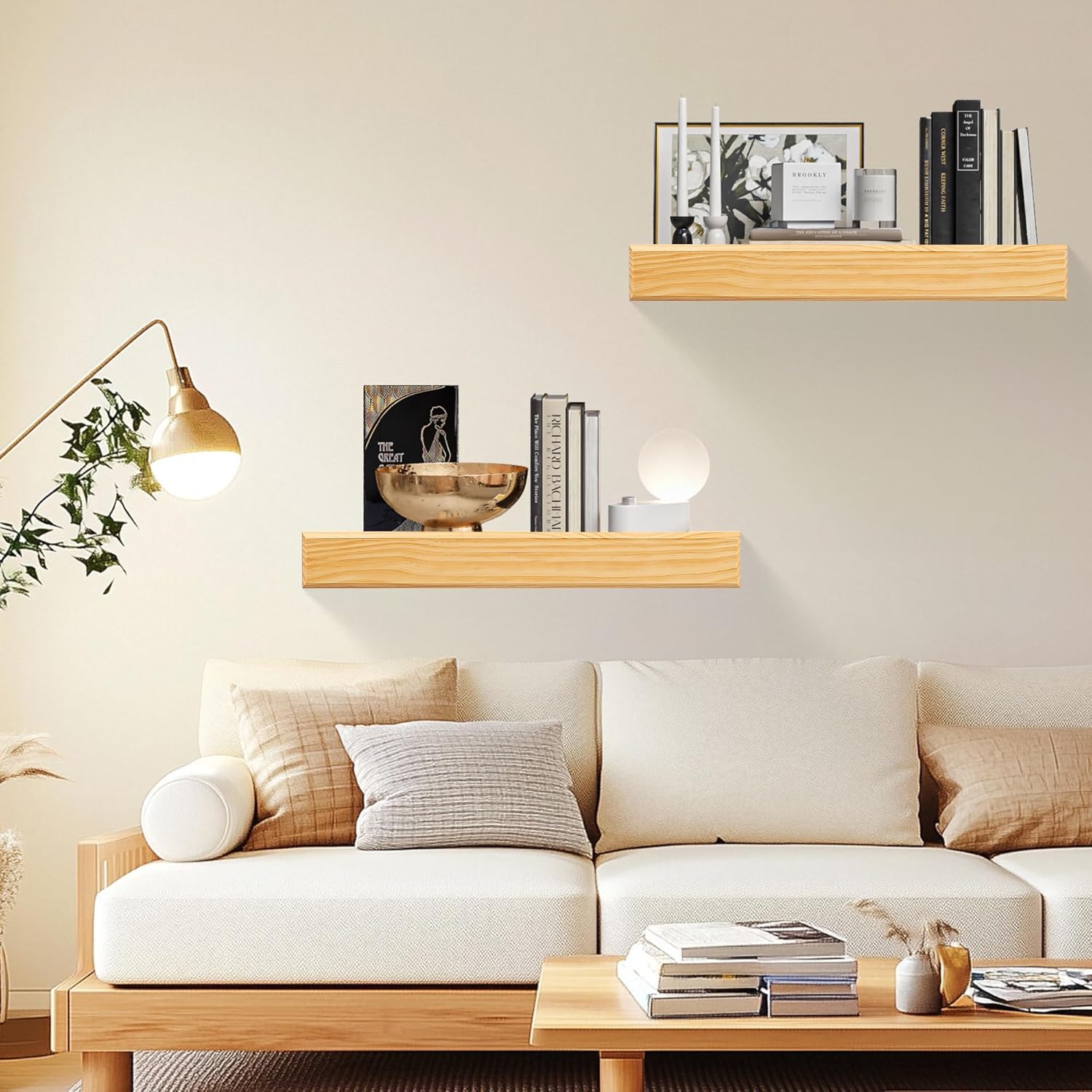 24 Inch Picture Ledge Shelf with Lip,Floating Shelves for Wall, Set of 2 Solid Pine Wood Shelves with Invisible Brackets, Wall Storage for Living Room, Bedroom, Kitchen, Bathroom(Nature Wood)