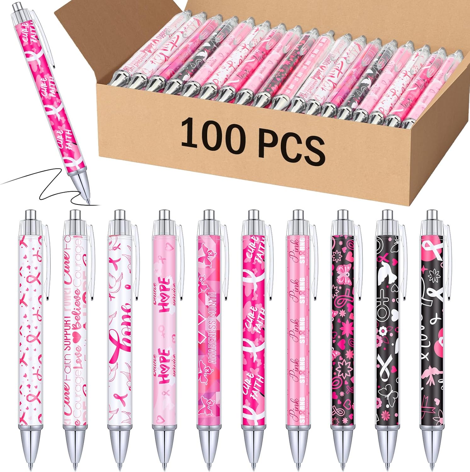 Tenceur 100 Pcs Breast Cancer Pens Pink Ribbon Ball Point Pens Breast Cancer Awareness Accessories Powerful Words Retractable Pens Bulk for Women Girls Office Charity Gift Supplies