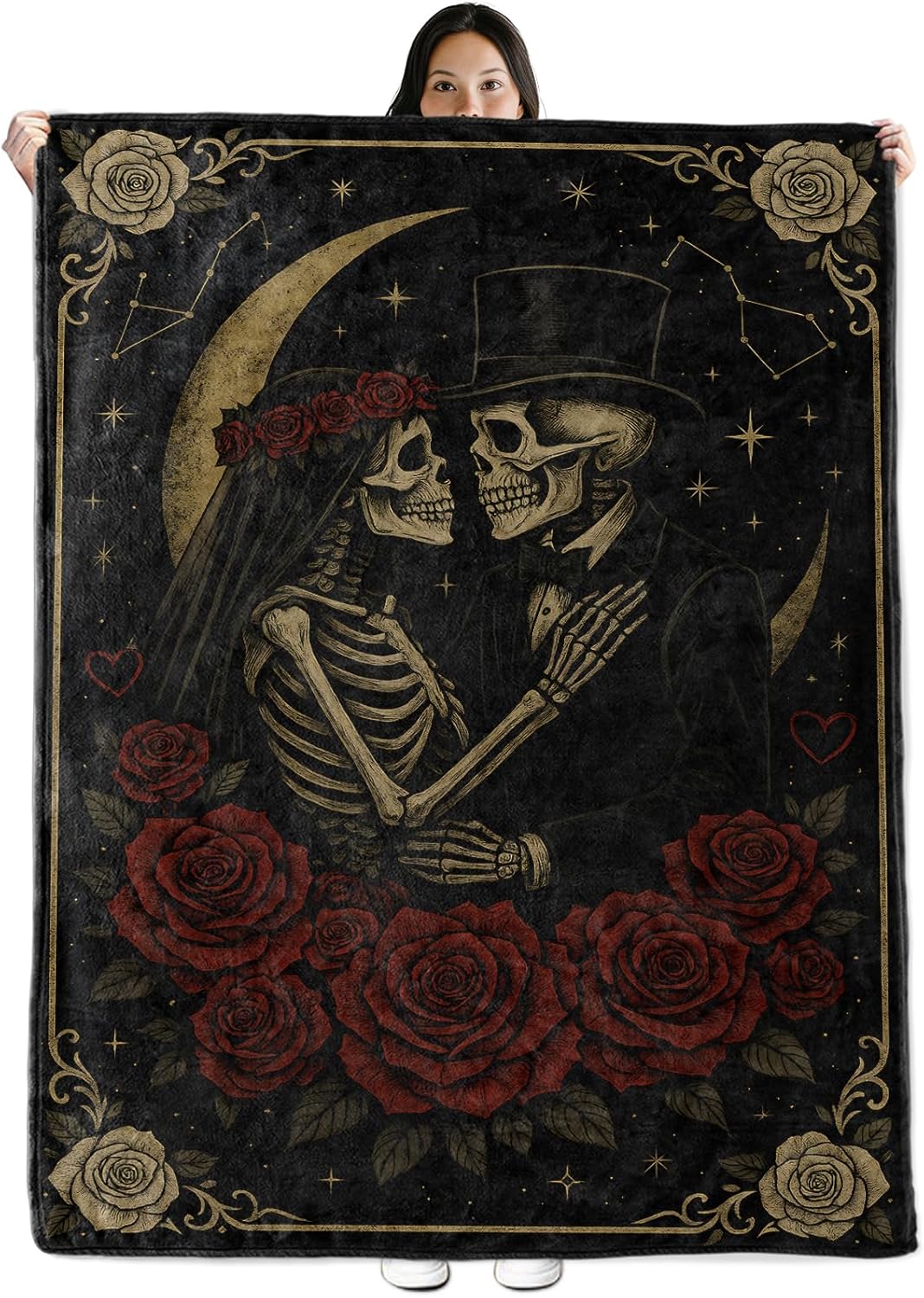 Gothic Skeleton Wedding Theme Flannel Blanket for Boyfriend, Girlfriend, Roses and Moon Birthday Throw Blankets for Women, Wife, Travel Camping Sofa Living Room Decor 60x80 in