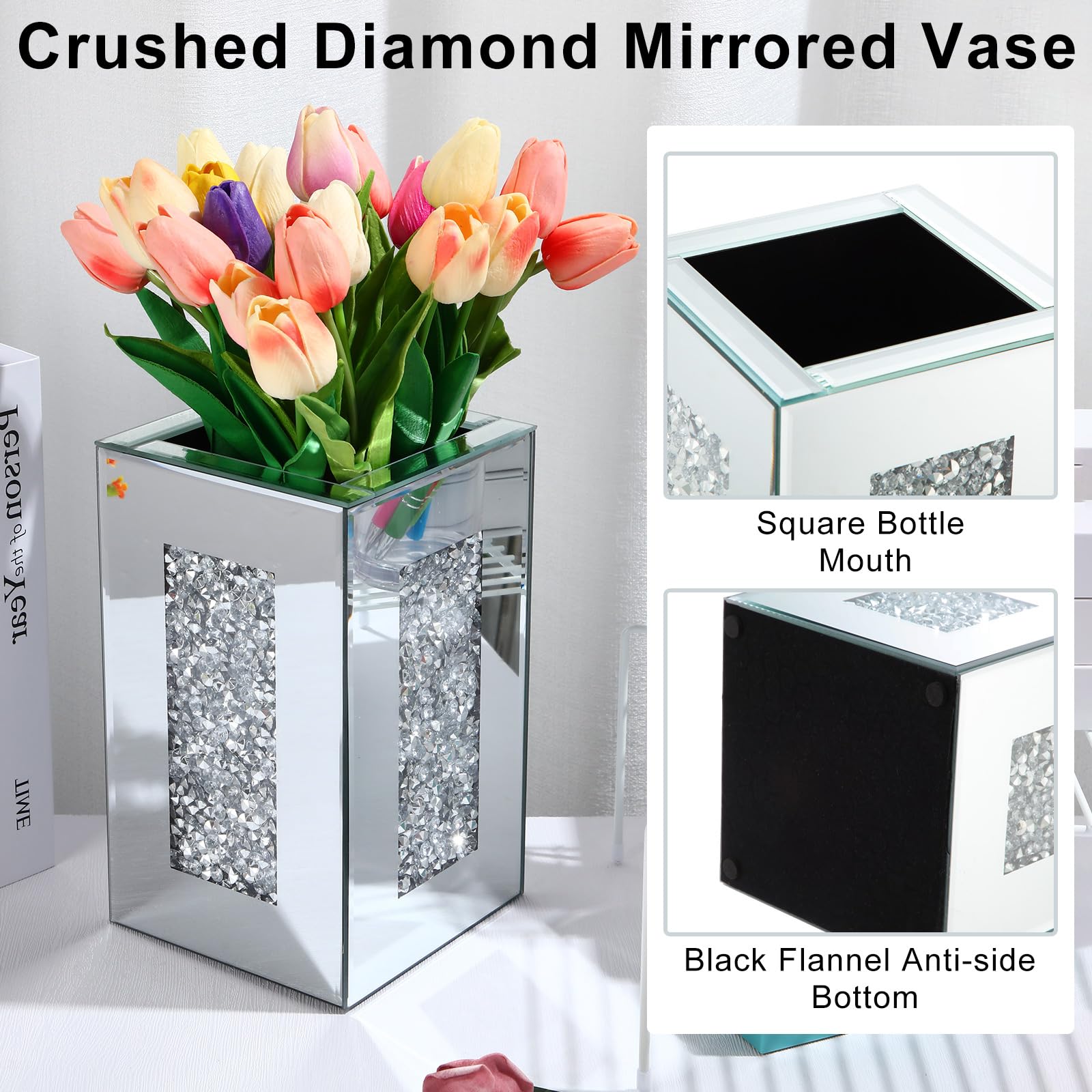SHYFOY Florero De Espejo De Flores De Diamante Triturado, Jarrón De Cristal Plateado Con Espejo Decorativo Para Sala De Estar, Decoración Del Hogar, 12 Pulgadas De Alto, No Puede Contener Agua