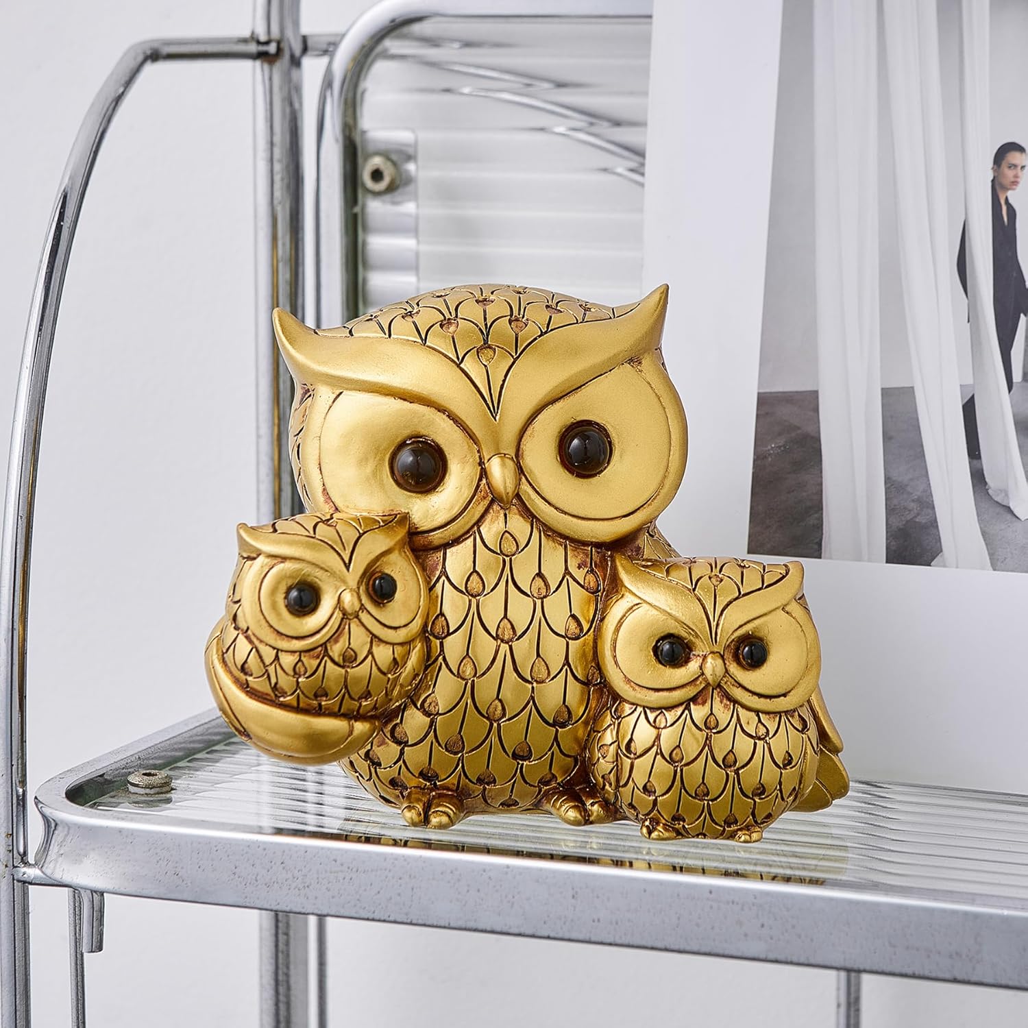 FJS Gold Owl Statue Decor - Cute Figurine Table Shelf Decor Accents, Modern Bird Sculpture Table Decorations for Living Room TV Stand Office