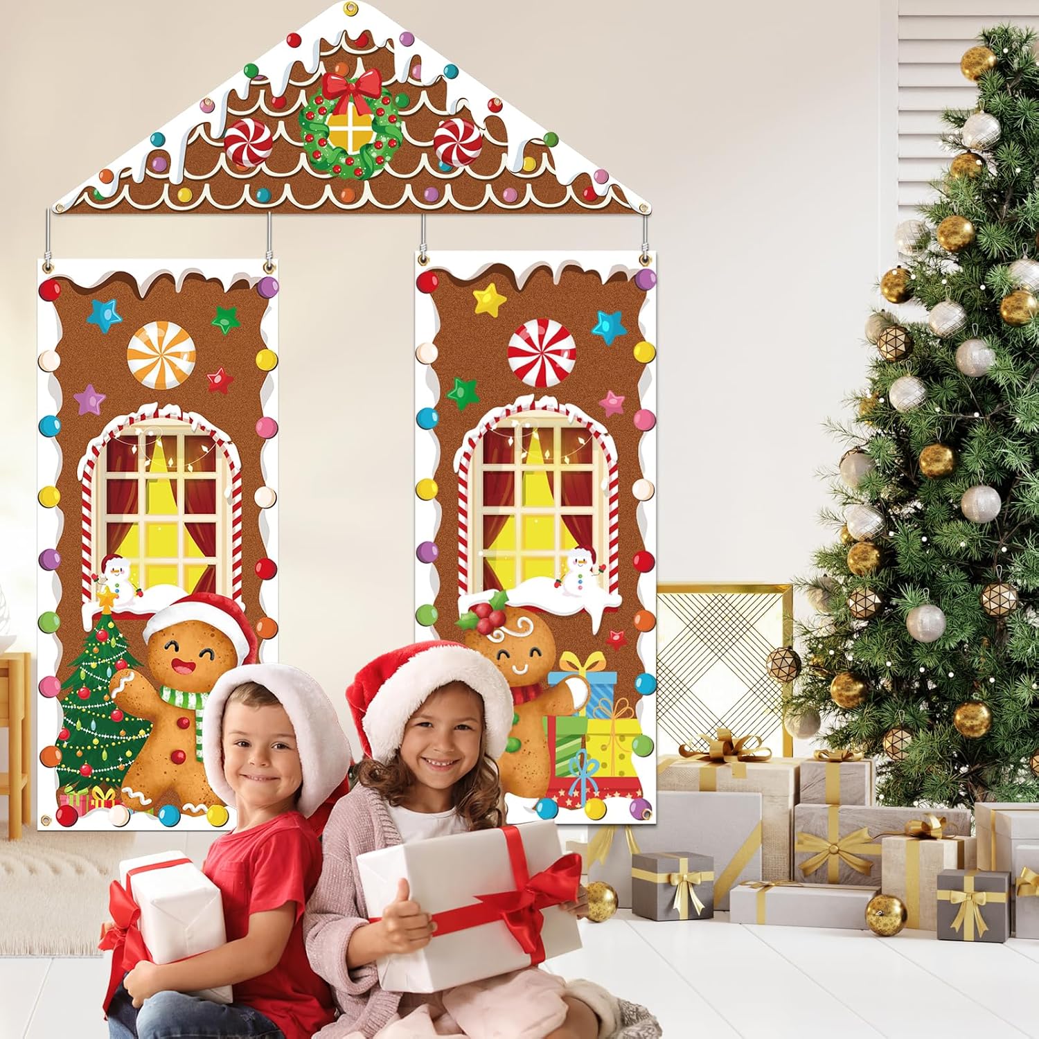 3Pcs Gingerbread House Decorations Door Cover, Gingerbread Door Hanging Banner, Candy Houese Porch Sign Banner for Outdoor Indoor Home Xmas Holiday Ginger bread Party Supplies