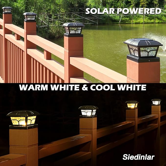 SIEDiNLAR SIEDiNLAR Solar Post Cap Lights Outdoor 2 Color Modes 8 LEDs for 4x4 5x5 6x6 Posts Fence Patio Deck Decoration Warm White & Cool White Lighting Black (1 Pack) photo 3