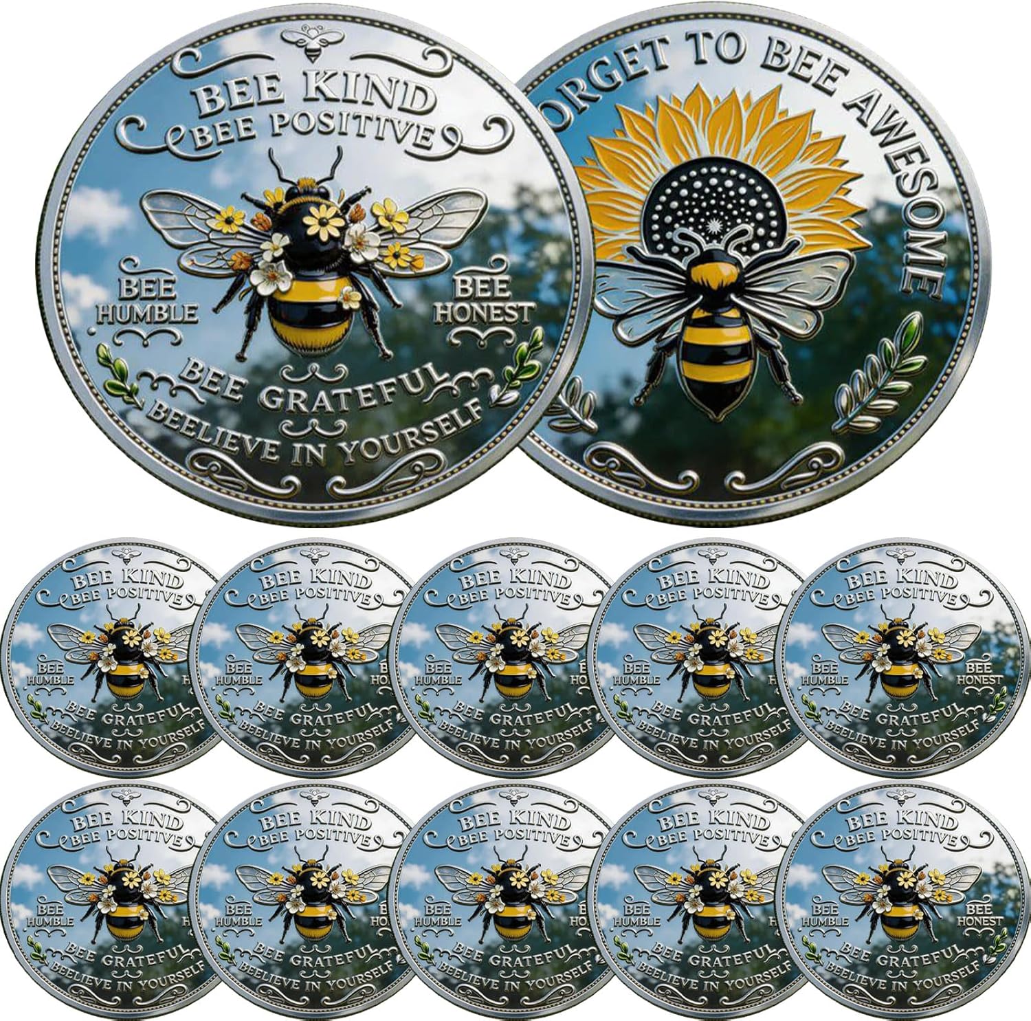 2026 New Bee Kind Positivity Challenge Coin Don't Forget to Bee Awesome Token Double-Sided Inspirational Bee Toke, Gift for Women, Men & Friends (Bright-10 Pcs)