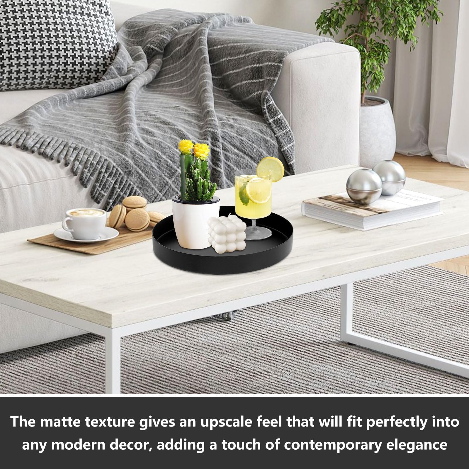 Vassoio Decorativo Rotondo In Acciaio Nero - 20cm Diametro - Portaoggetti Per Tavolo O Mensola - Foto 3